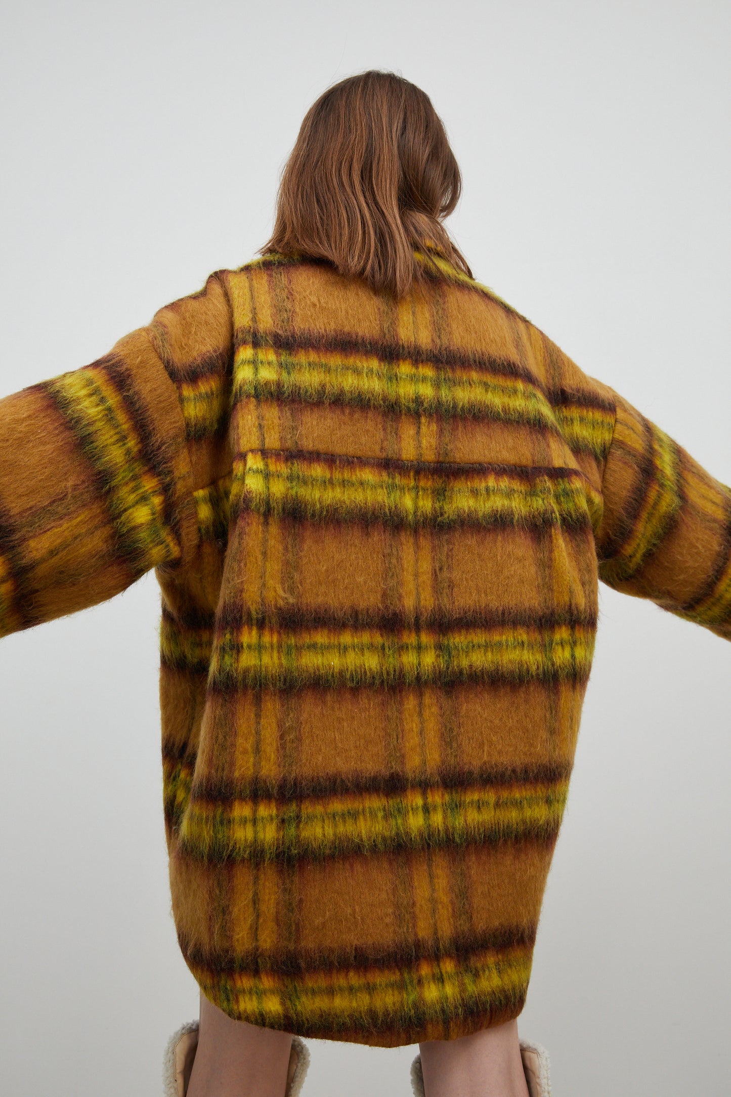 Checker Wool-Blend Oversized Shacket, Mustard