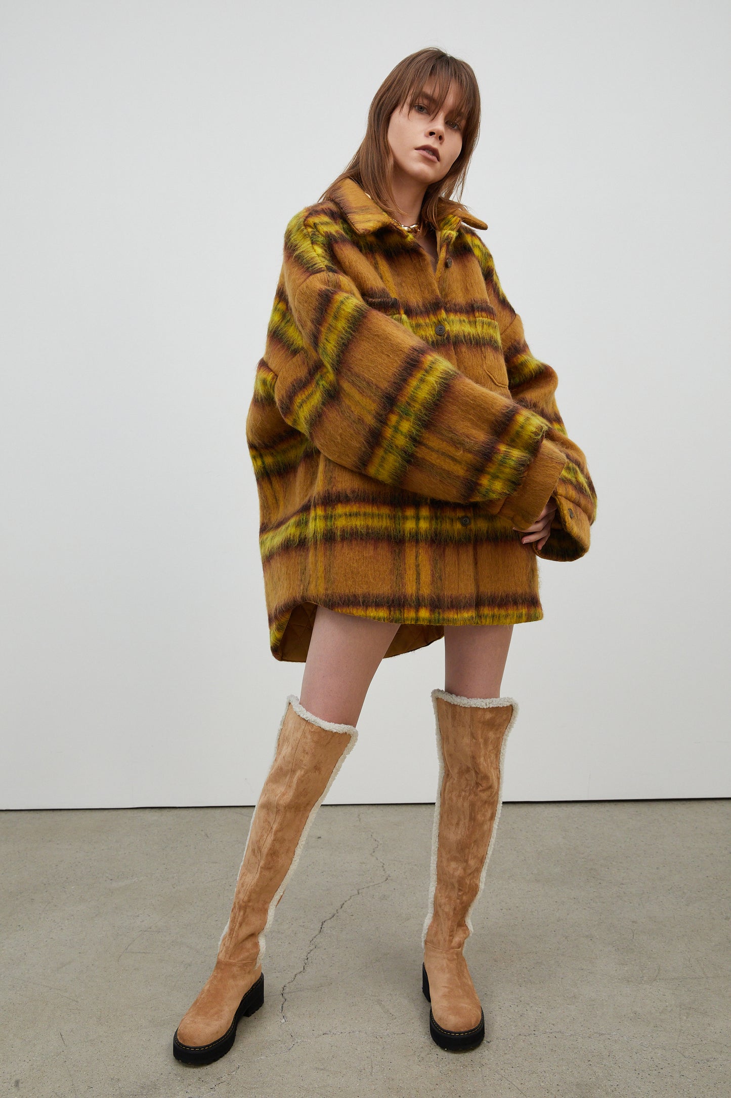 Checker Wool-Blend Oversized Shacket, Mustard