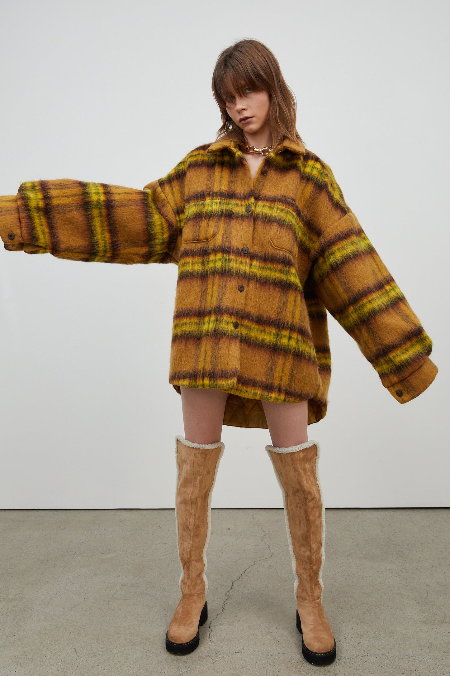 Checker Wool-Blend Oversized Shacket, Mustard