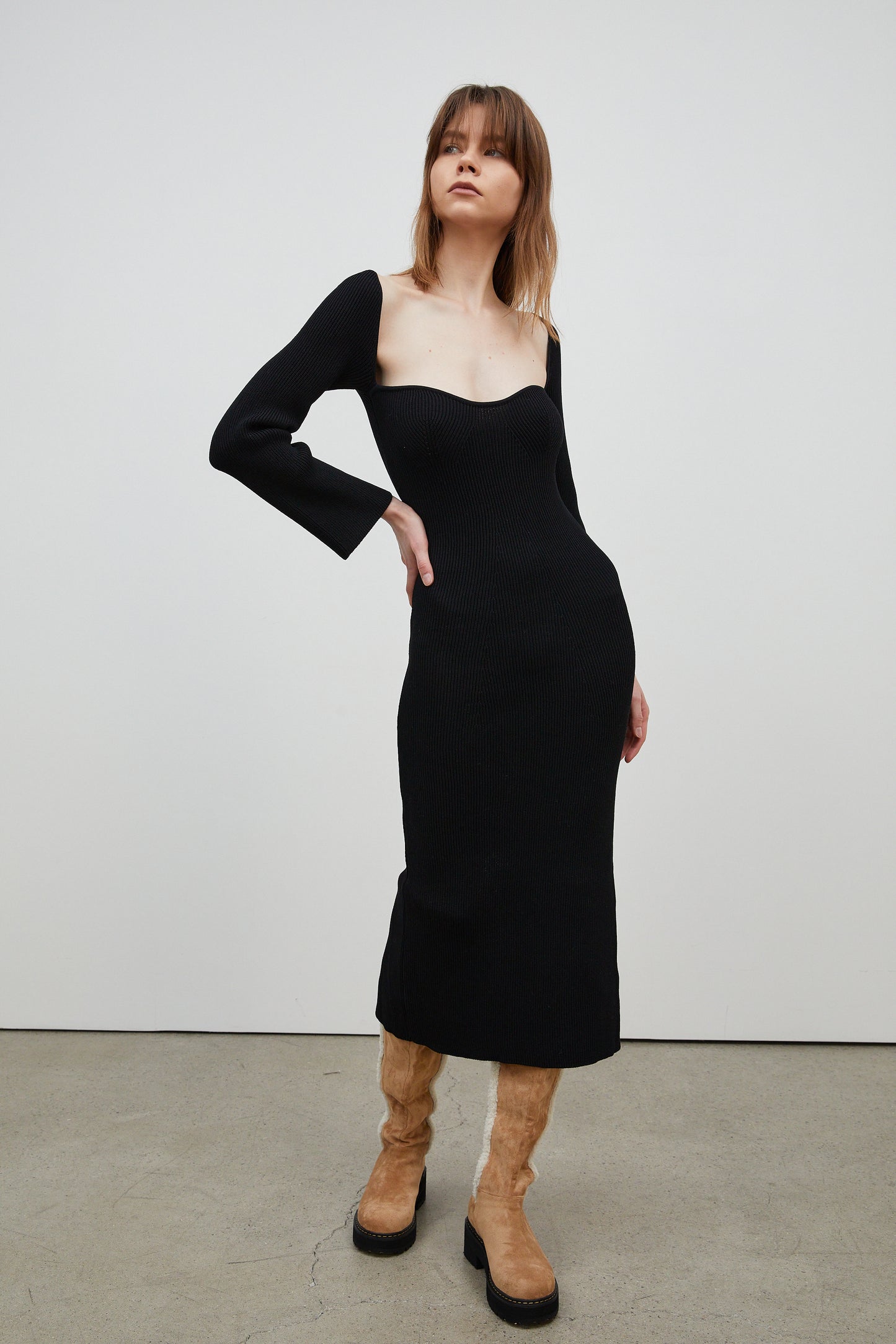 Sweetheart Neckline Long Knit Dress, Black