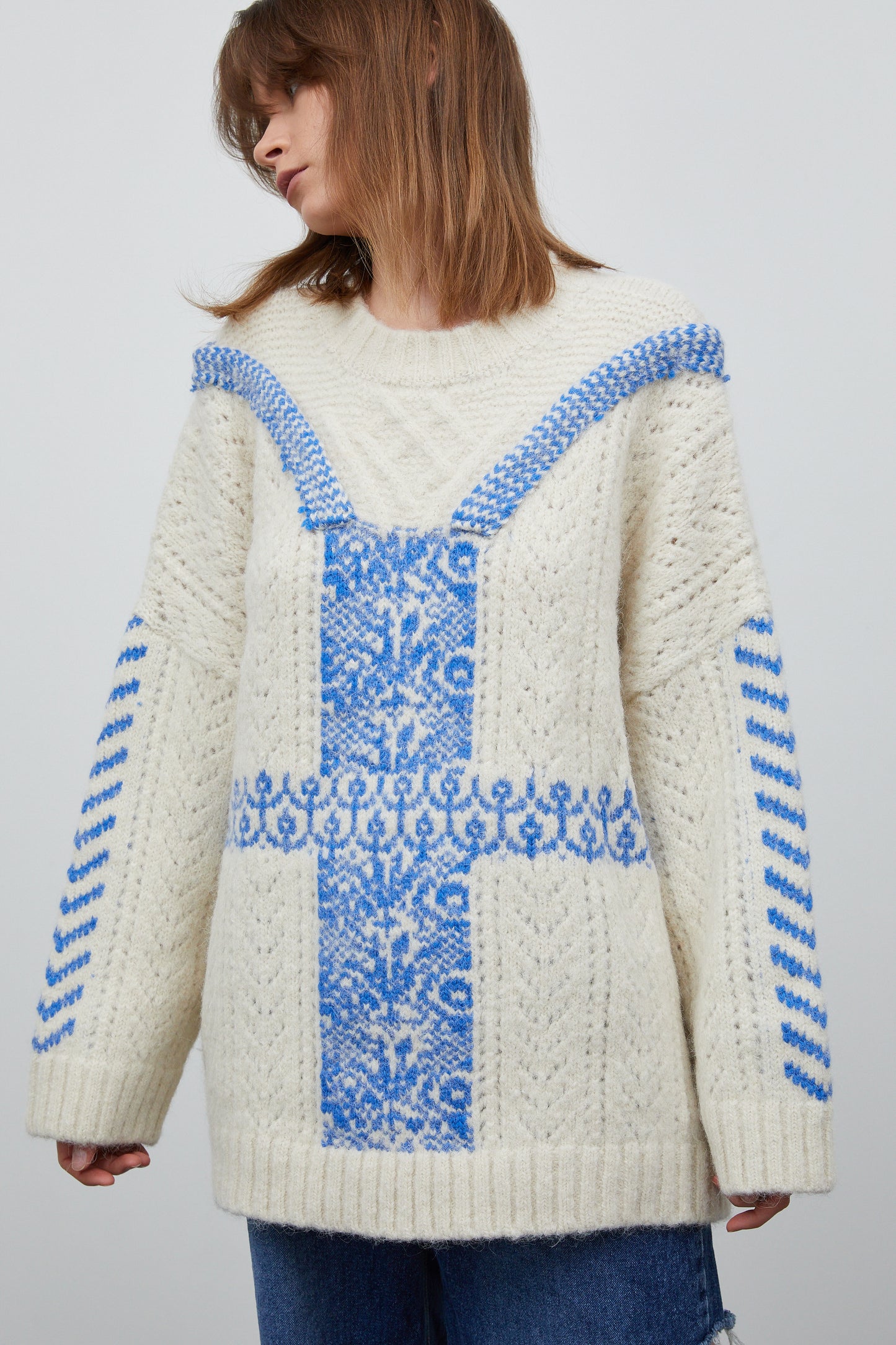 Embroidered Oversized Sweater, Ivory
