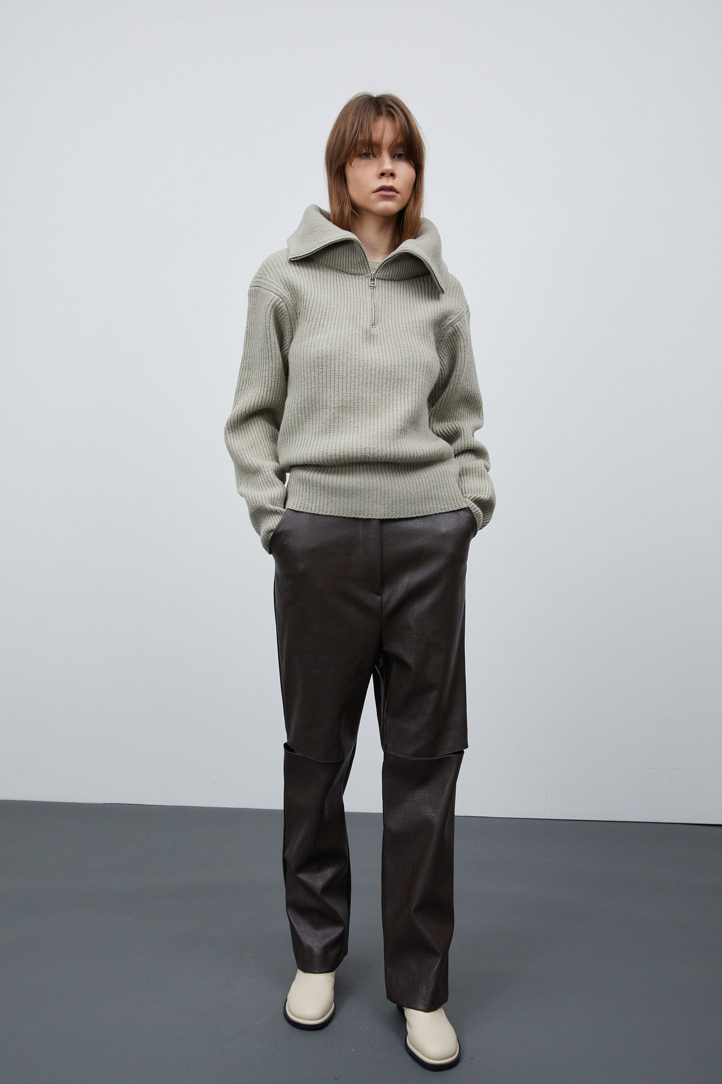 Half Zip Ribbed Wool Sweater, Olive Khaki