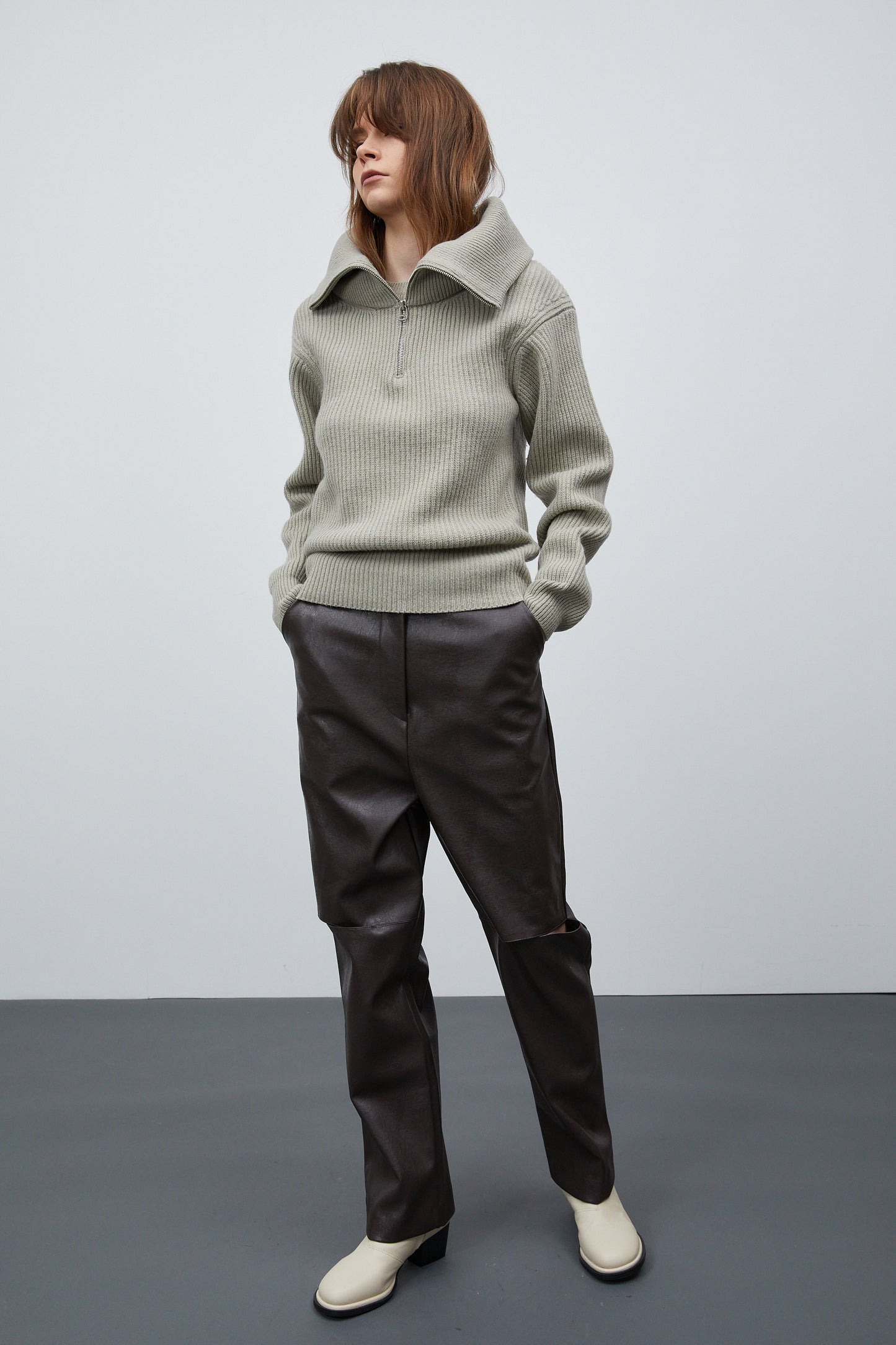 Half Zip Ribbed Wool Sweater, Olive Khaki