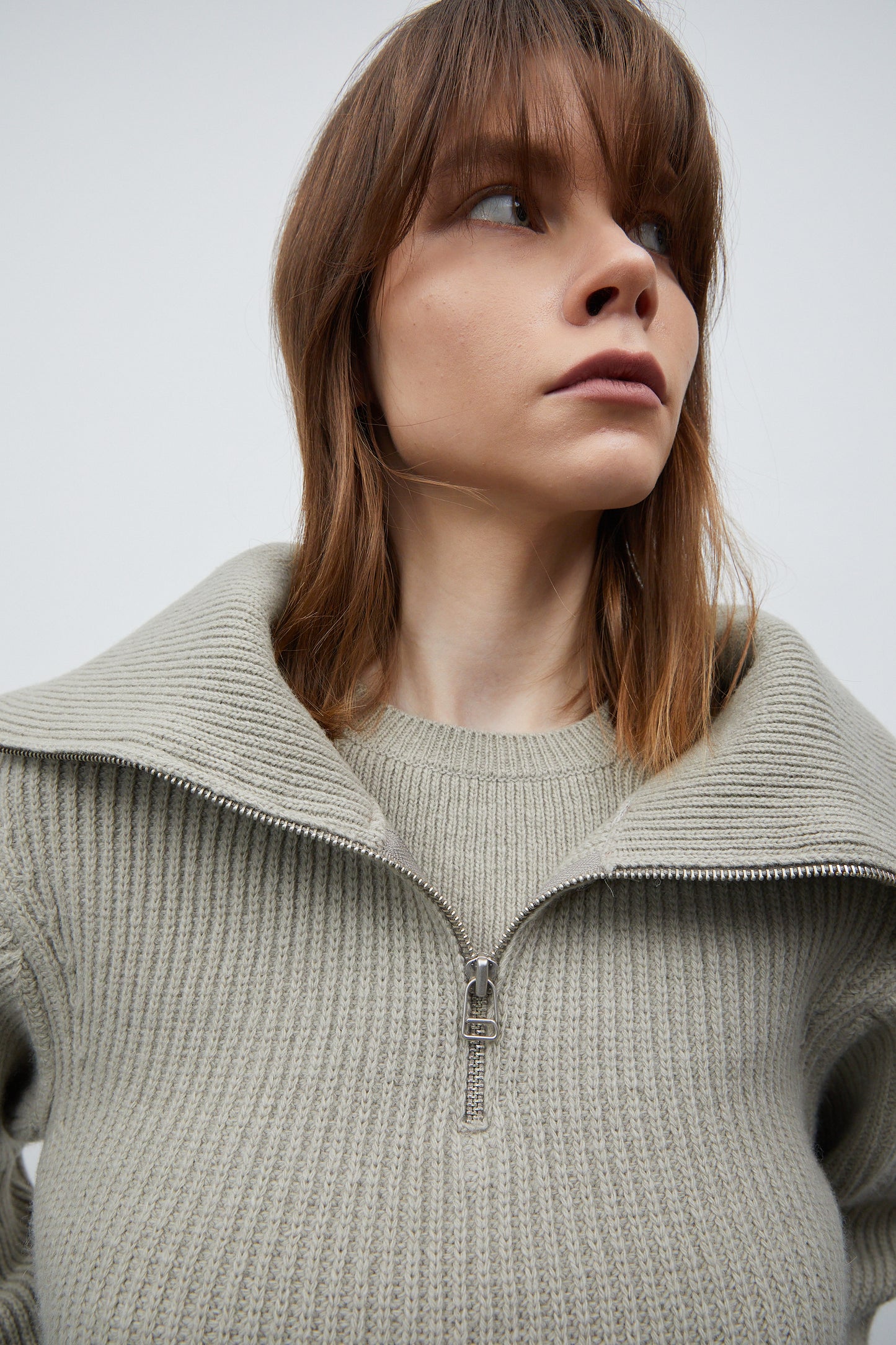 Half Zip Ribbed Wool Sweater, Olive Khaki