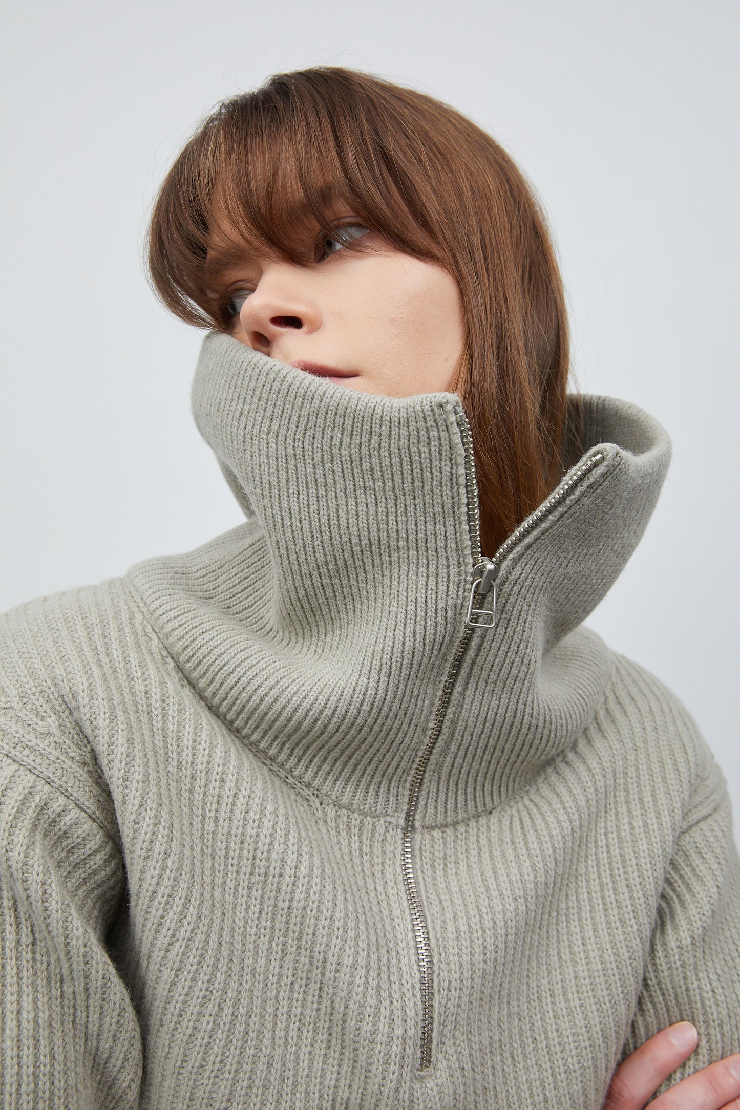 Half Zip Ribbed Wool Sweater, Olive Khaki