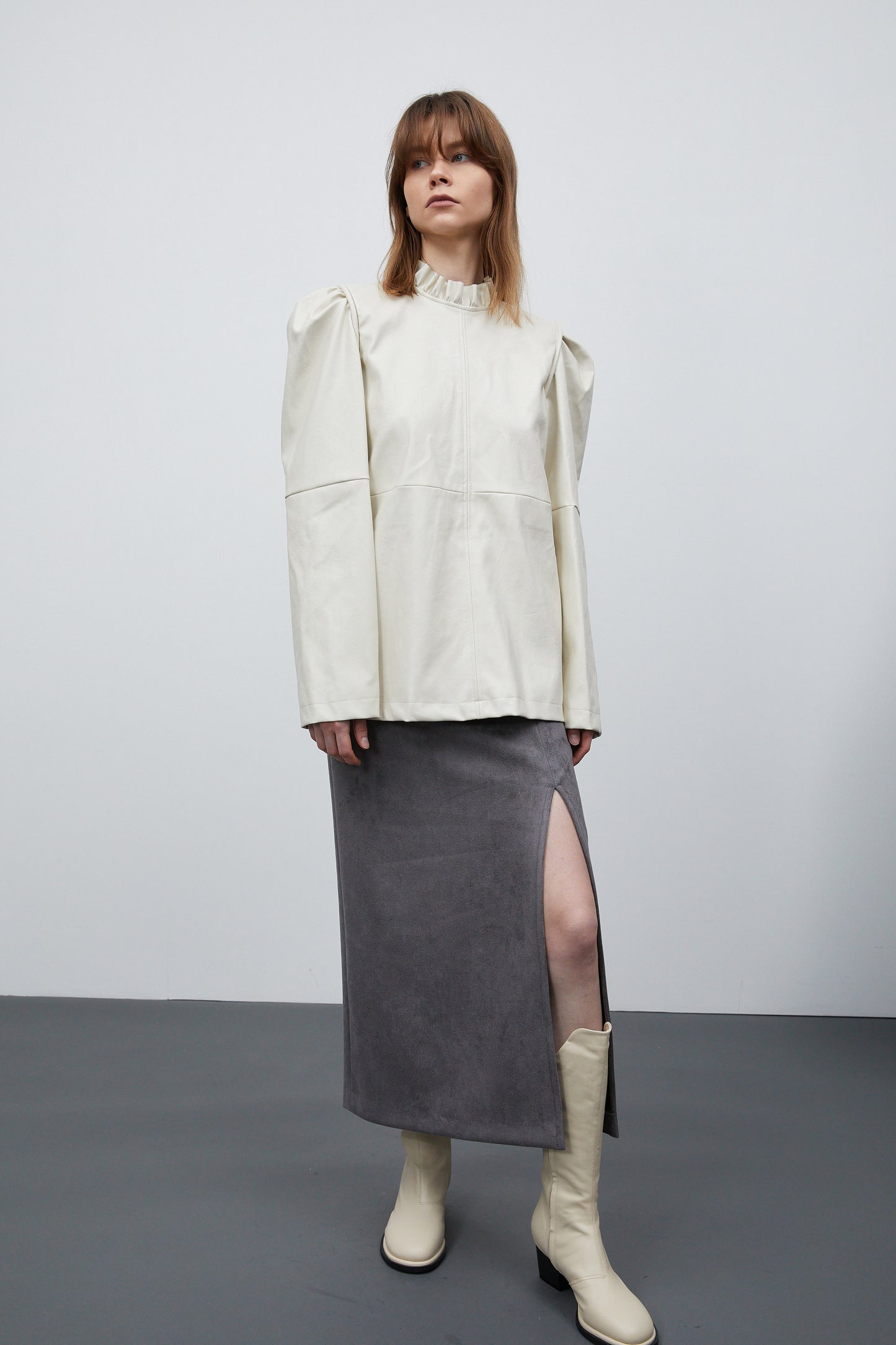 Puffed Sleeves Leather Blouse, Ivory