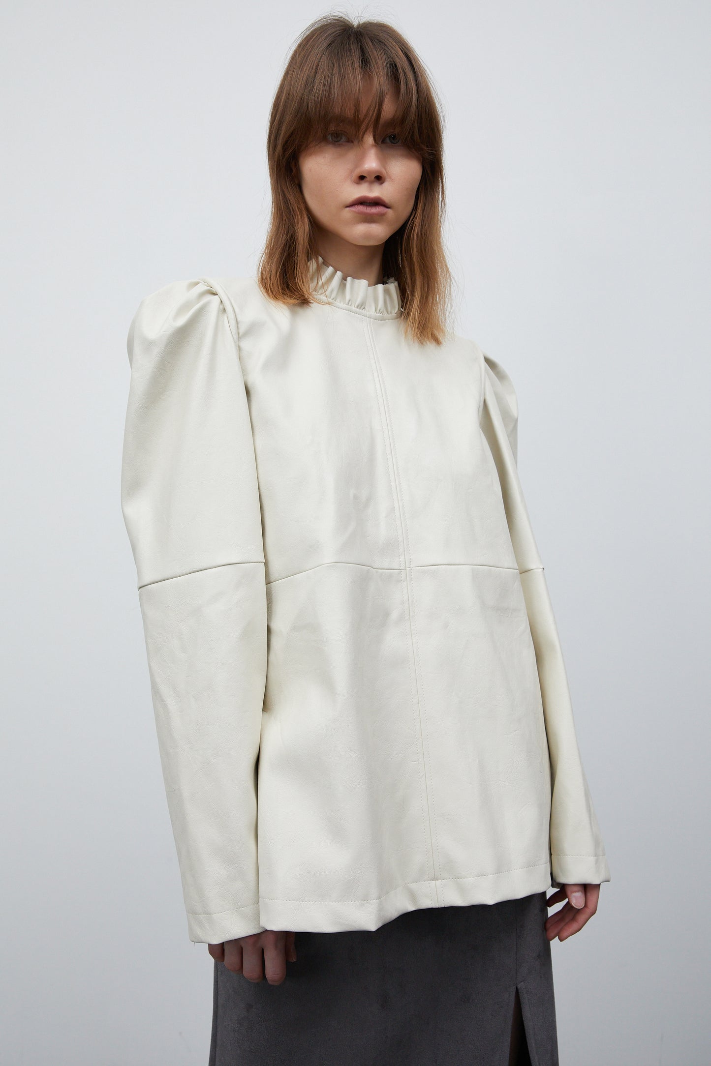 Puffed Sleeves Leather Blouse, Ivory