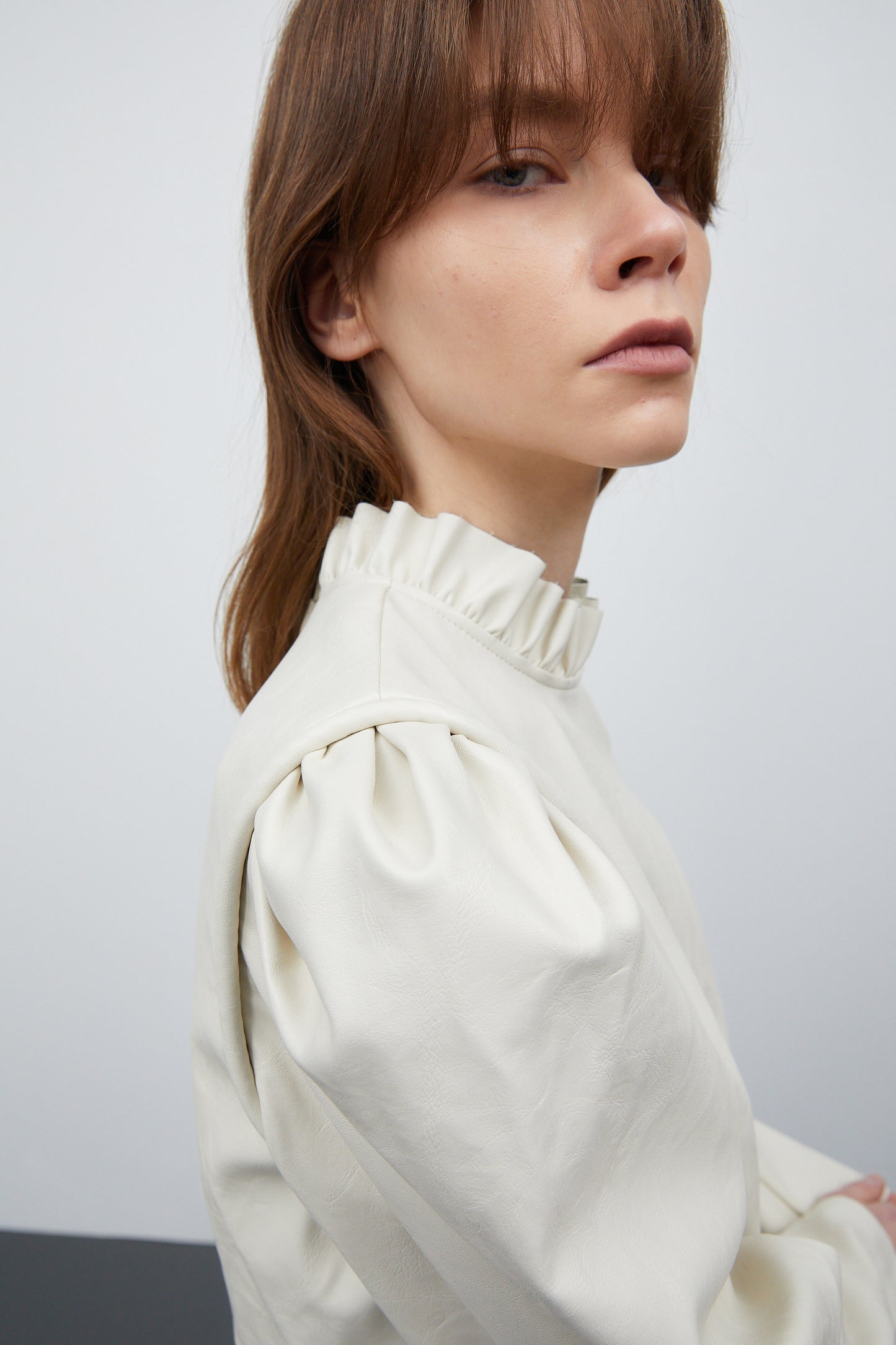 Puffed Sleeves Leather Blouse, Ivory