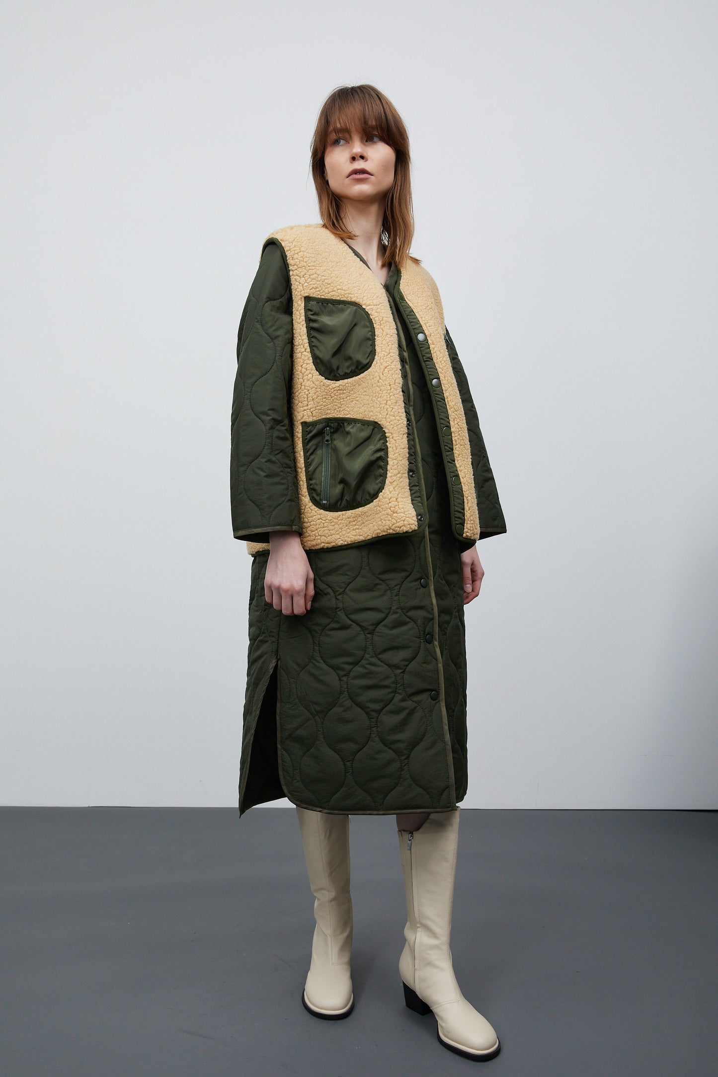 Quilted Coat And Shearing Vest Set, Khaki