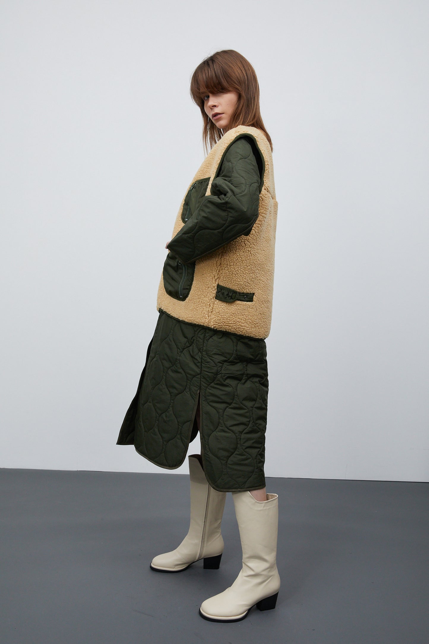 Quilted Coat And Shearing Vest Set, Khaki