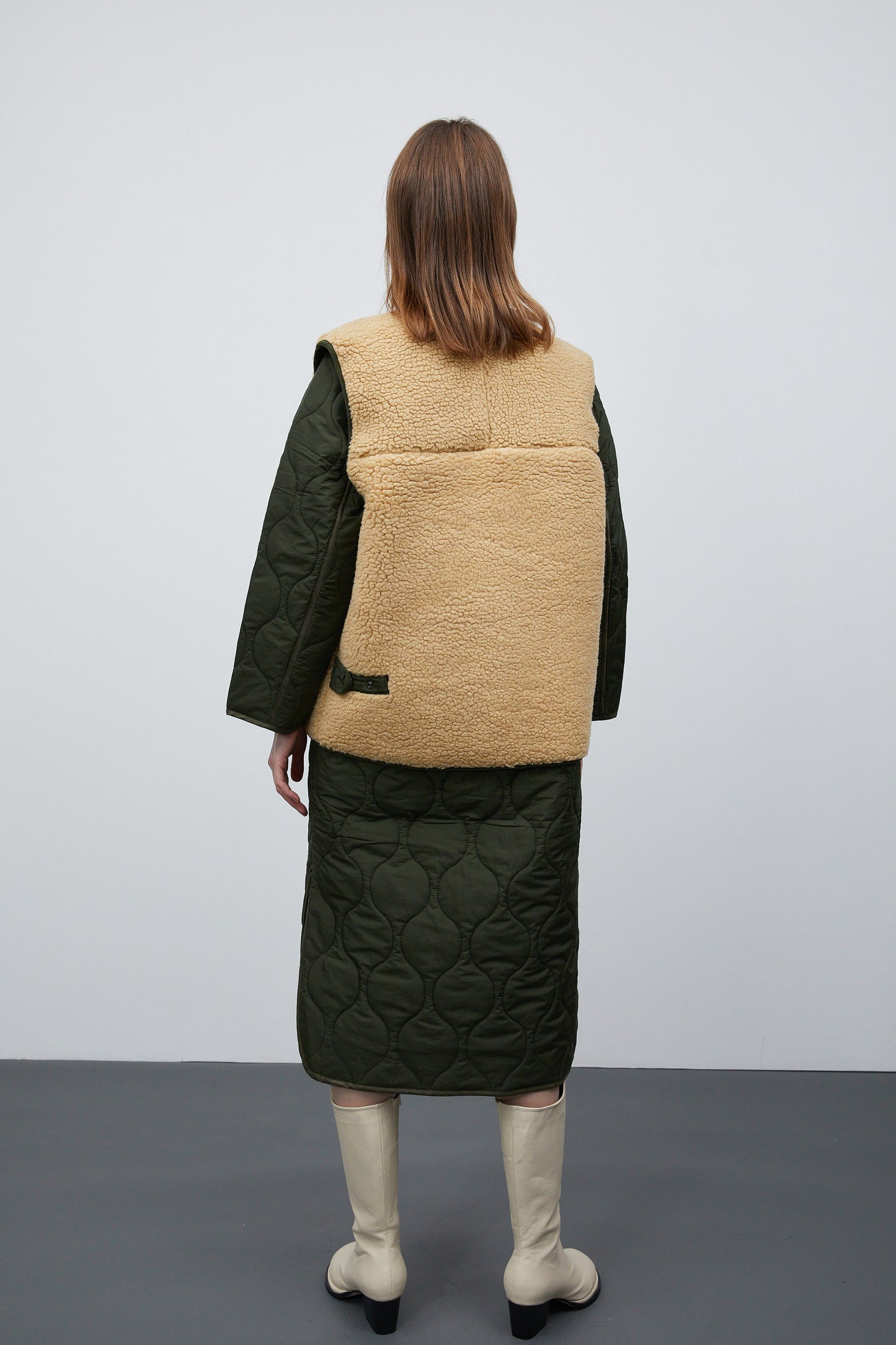 Quilted Coat And Shearing Vest Set, Khaki