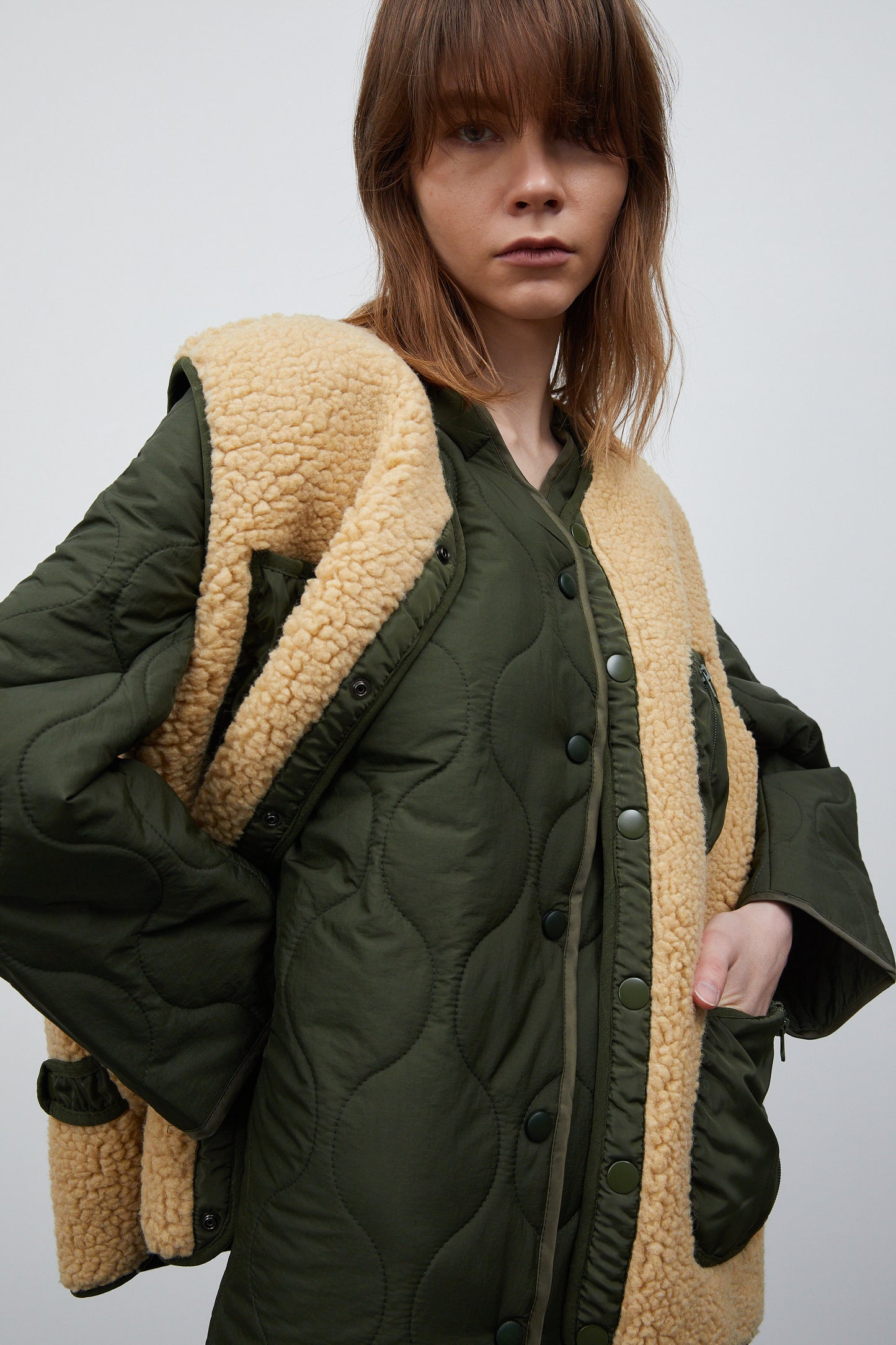 Quilted Coat And Shearing Vest Set, Khaki