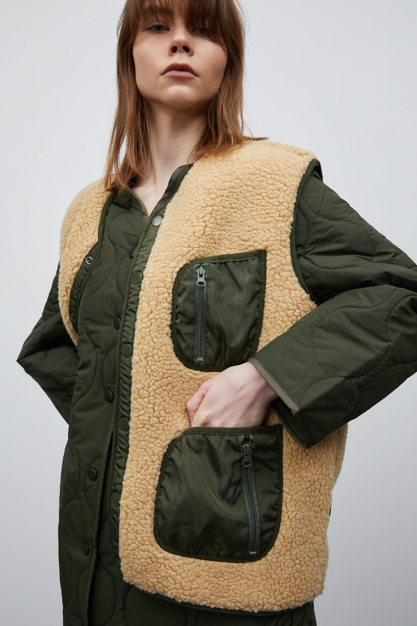 Quilted Coat And Shearing Vest Set, Khaki