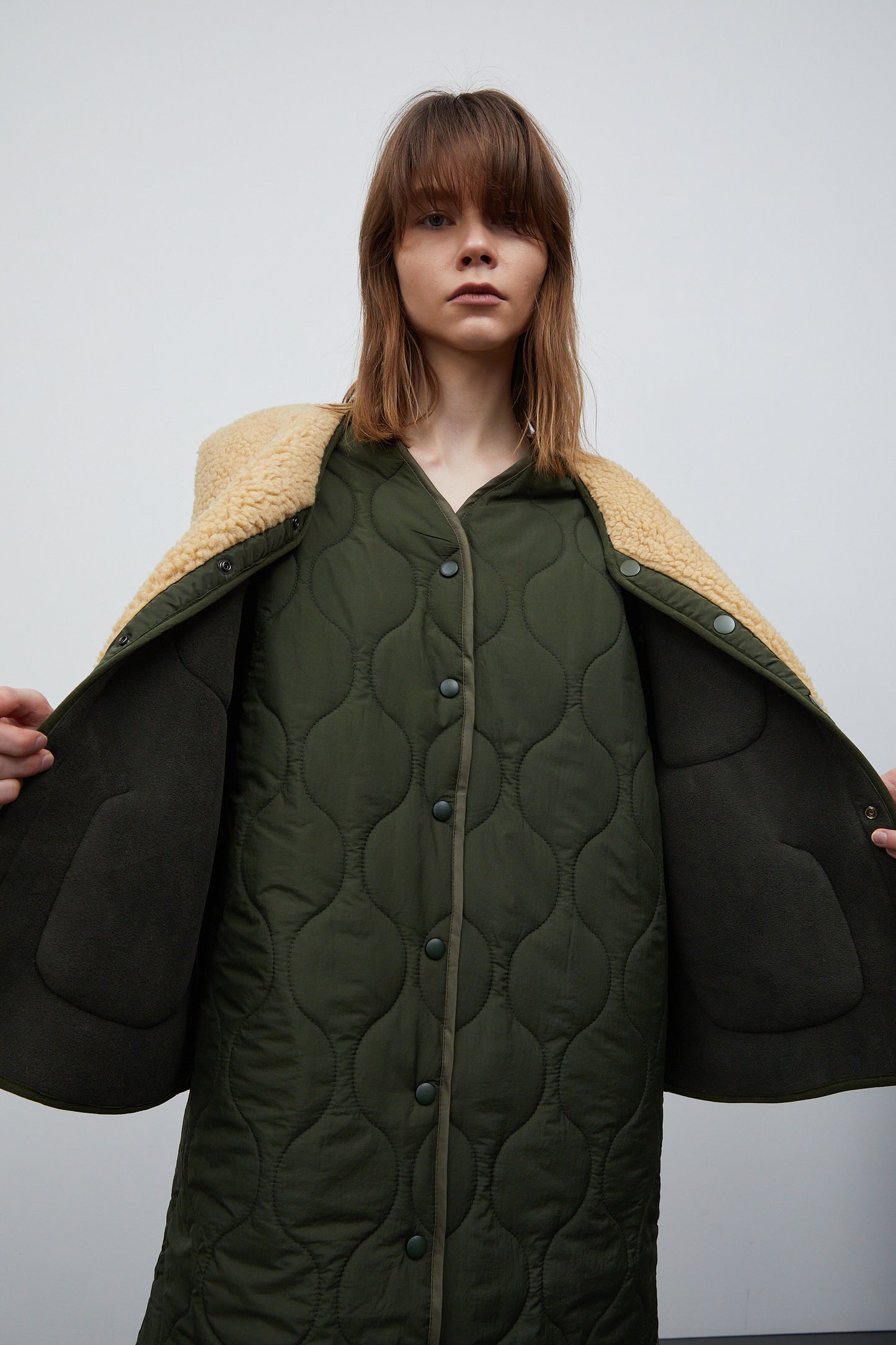 Quilted Coat And Shearing Vest Set, Khaki