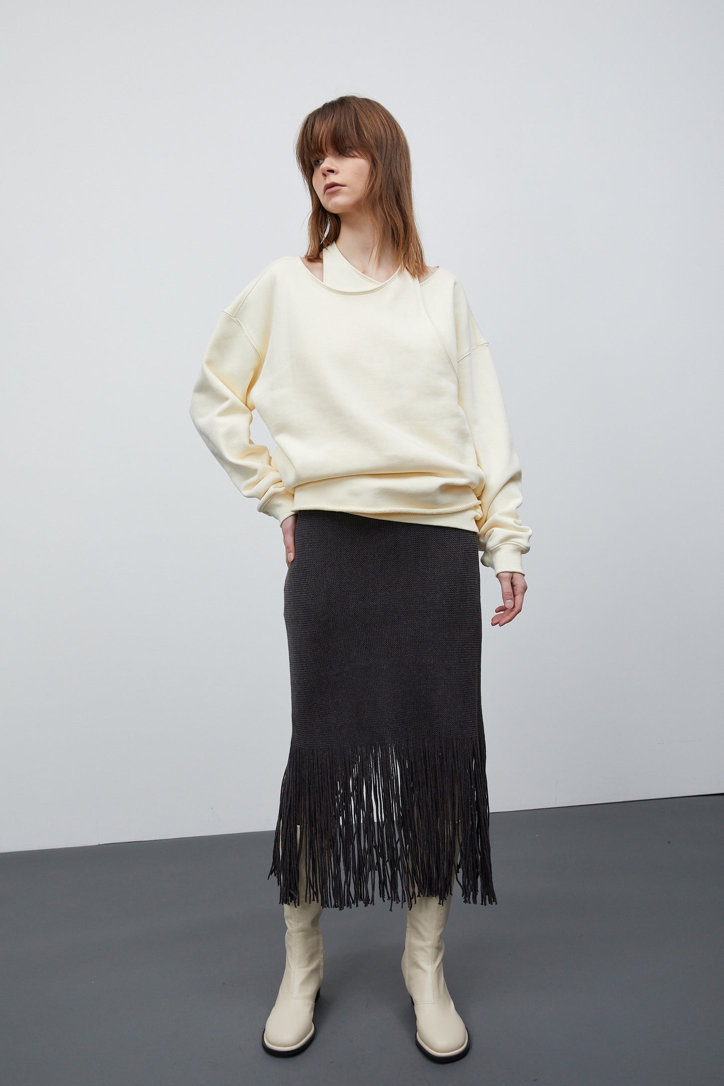 Double Asymmetric Layer Sweatshirt, Cream