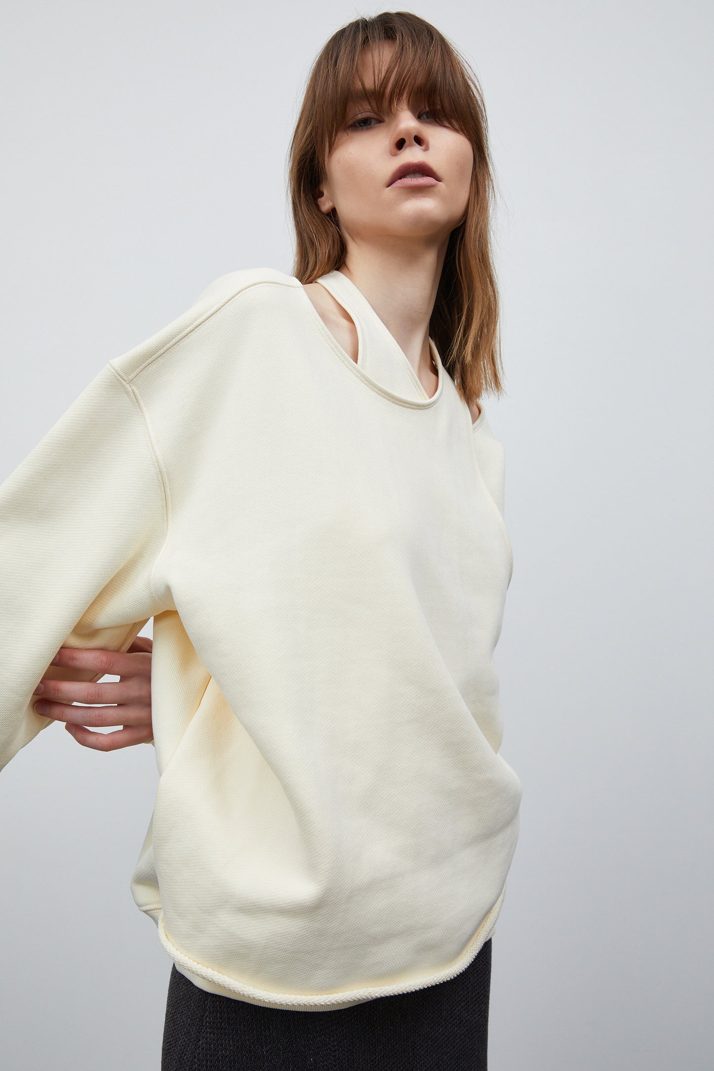 Double Asymmetric Layer Sweatshirt, Cream