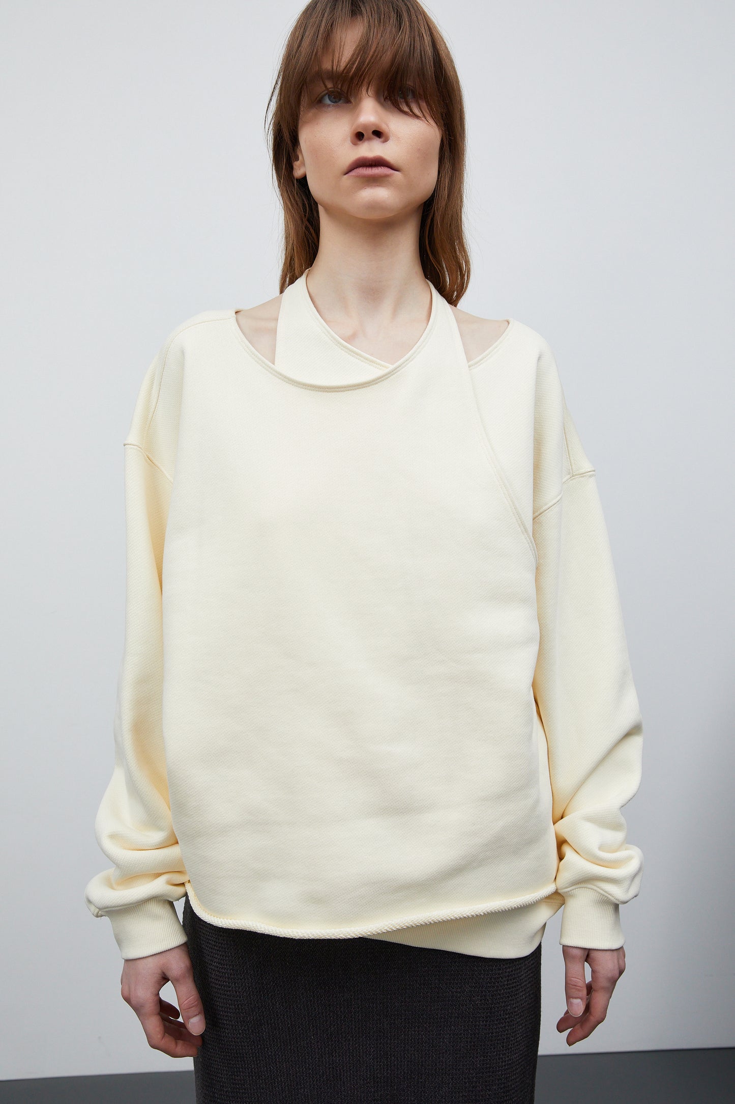 Double Asymmetric Layer Sweatshirt, Cream