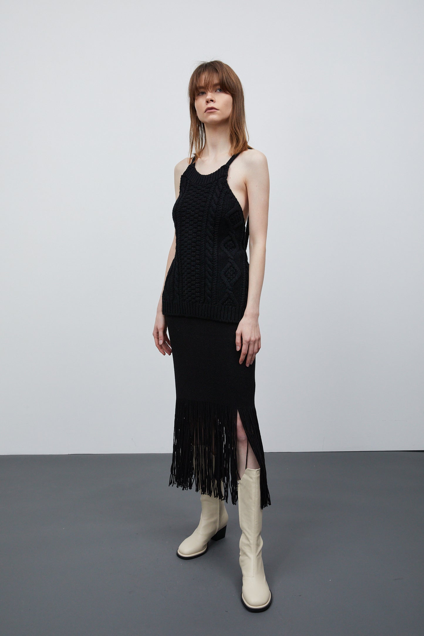 Fringe Knit Skirt, Black