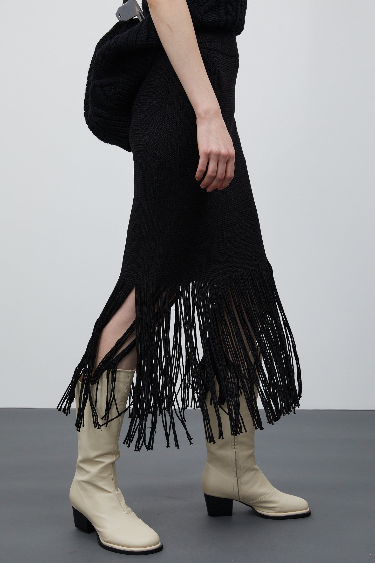Fringe Knit Skirt, Black