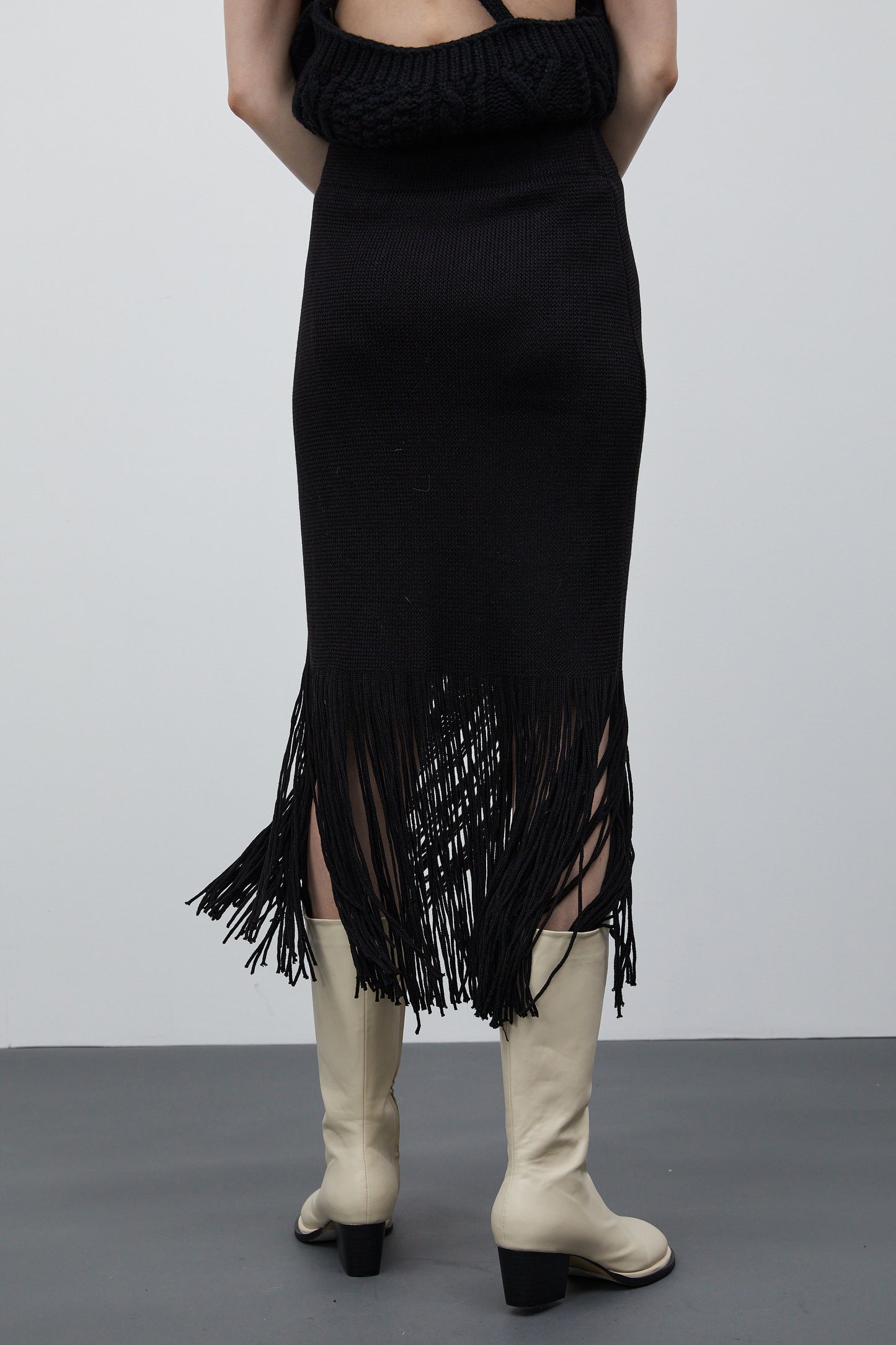 Fringe Knit Skirt, Black