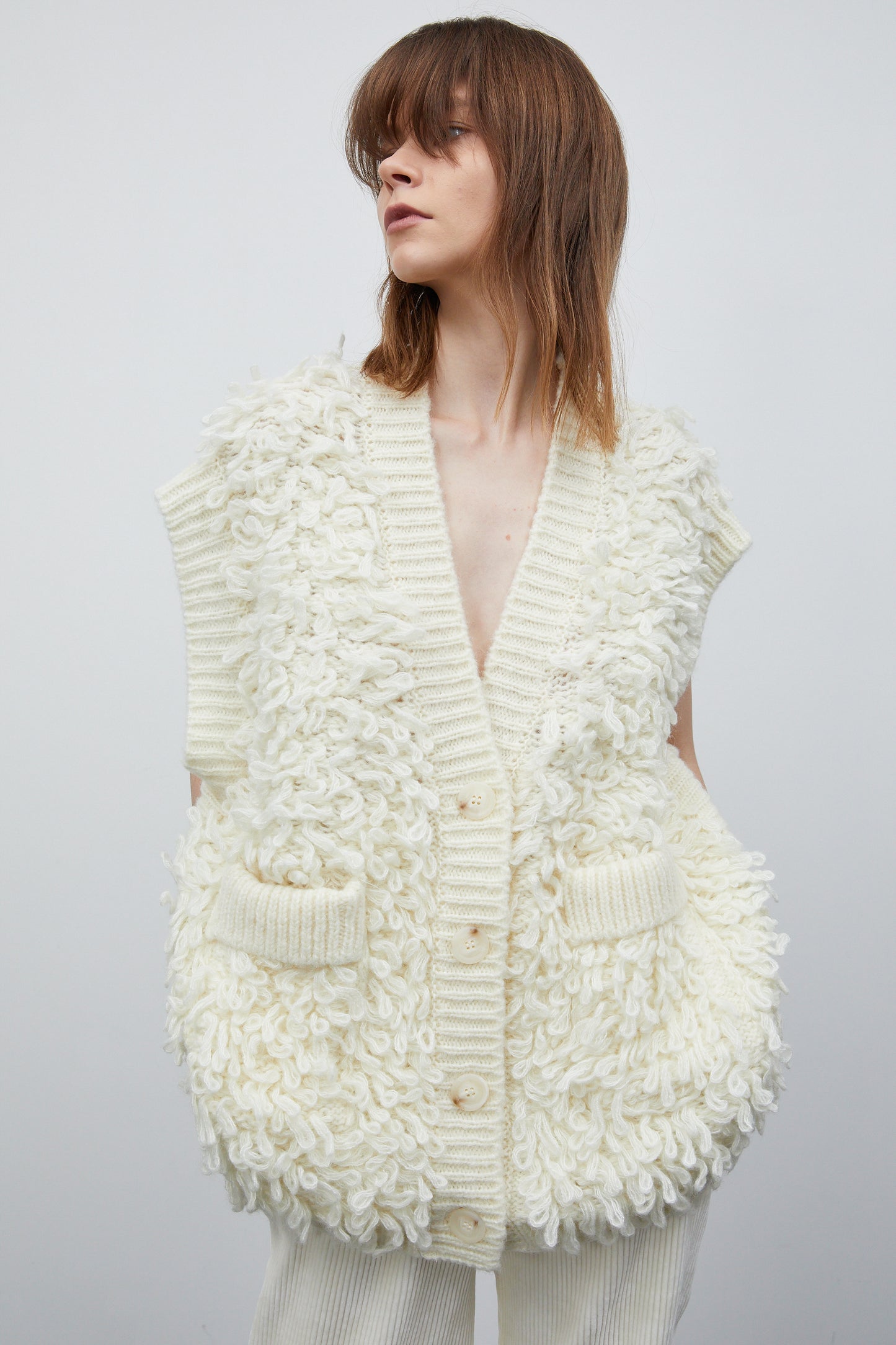 Chunky Fur Knit Vest, Ivory
