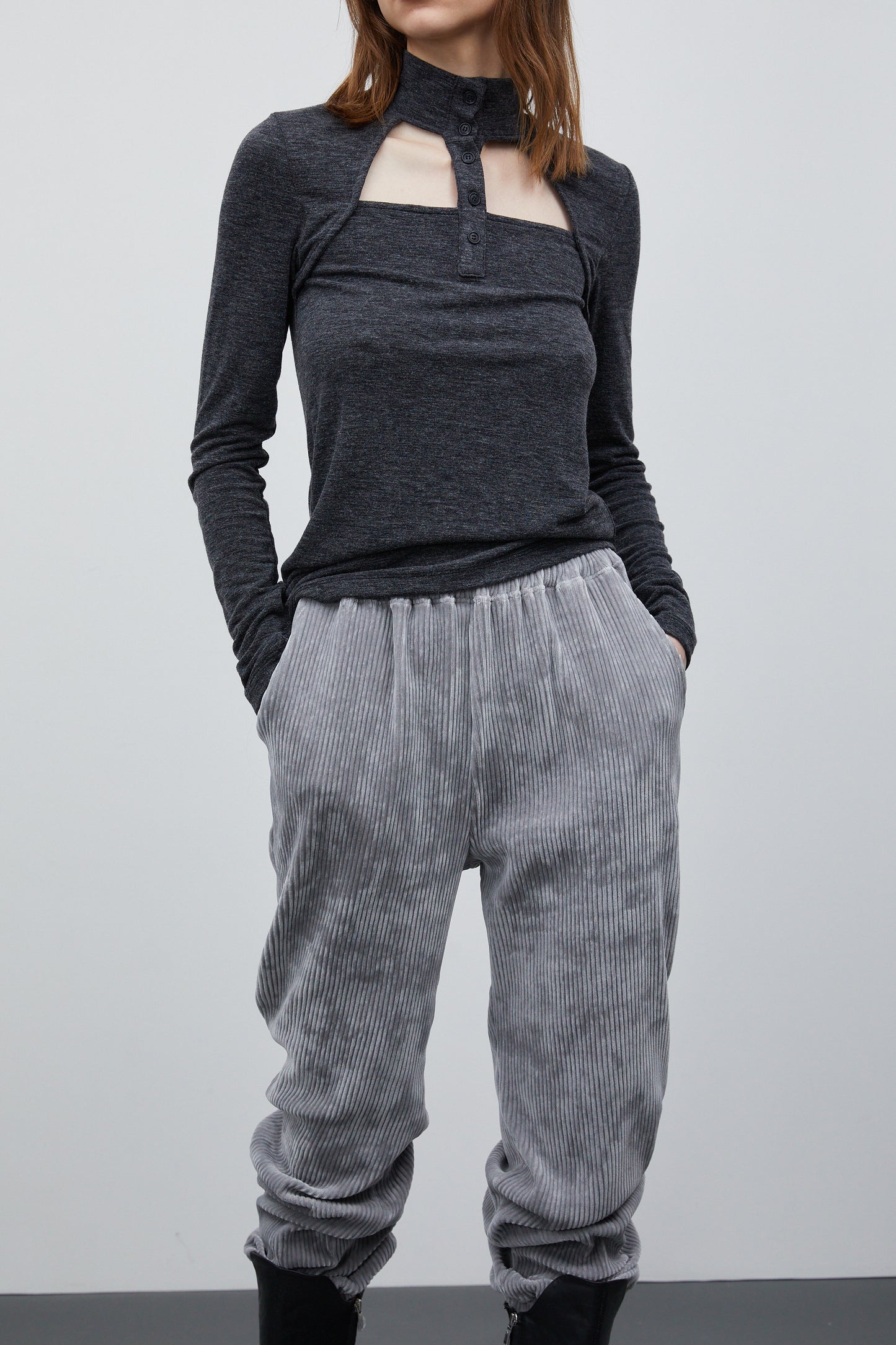 Cut-Out Turtleneck Button Top, Charcoal