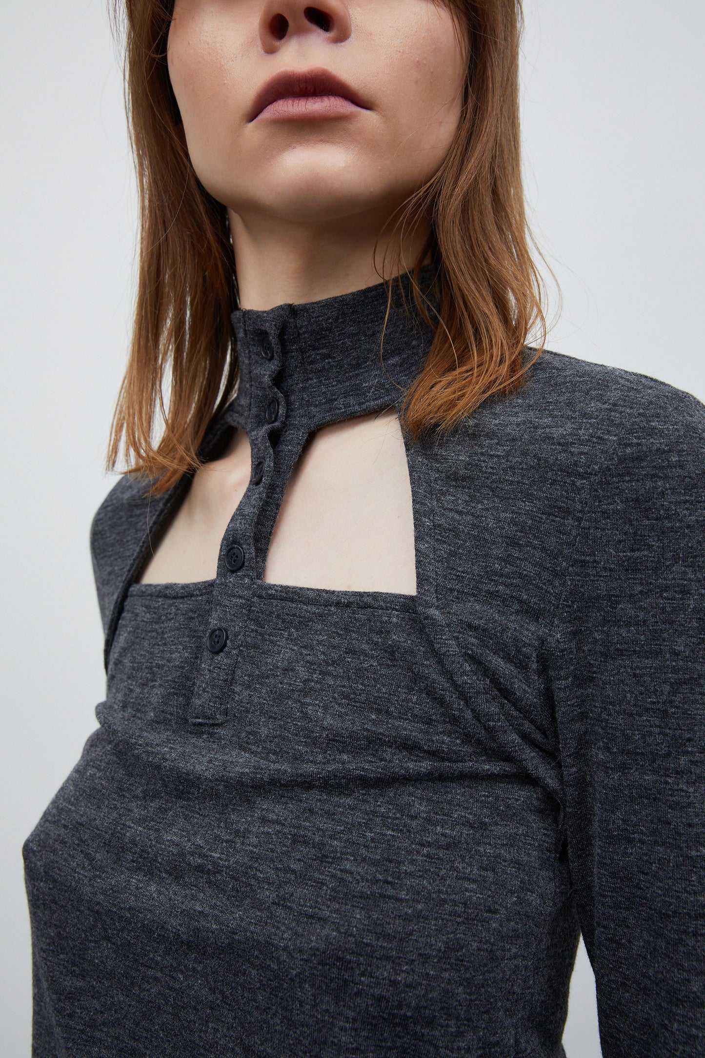 Cut-Out Turtleneck Button Top, Charcoal