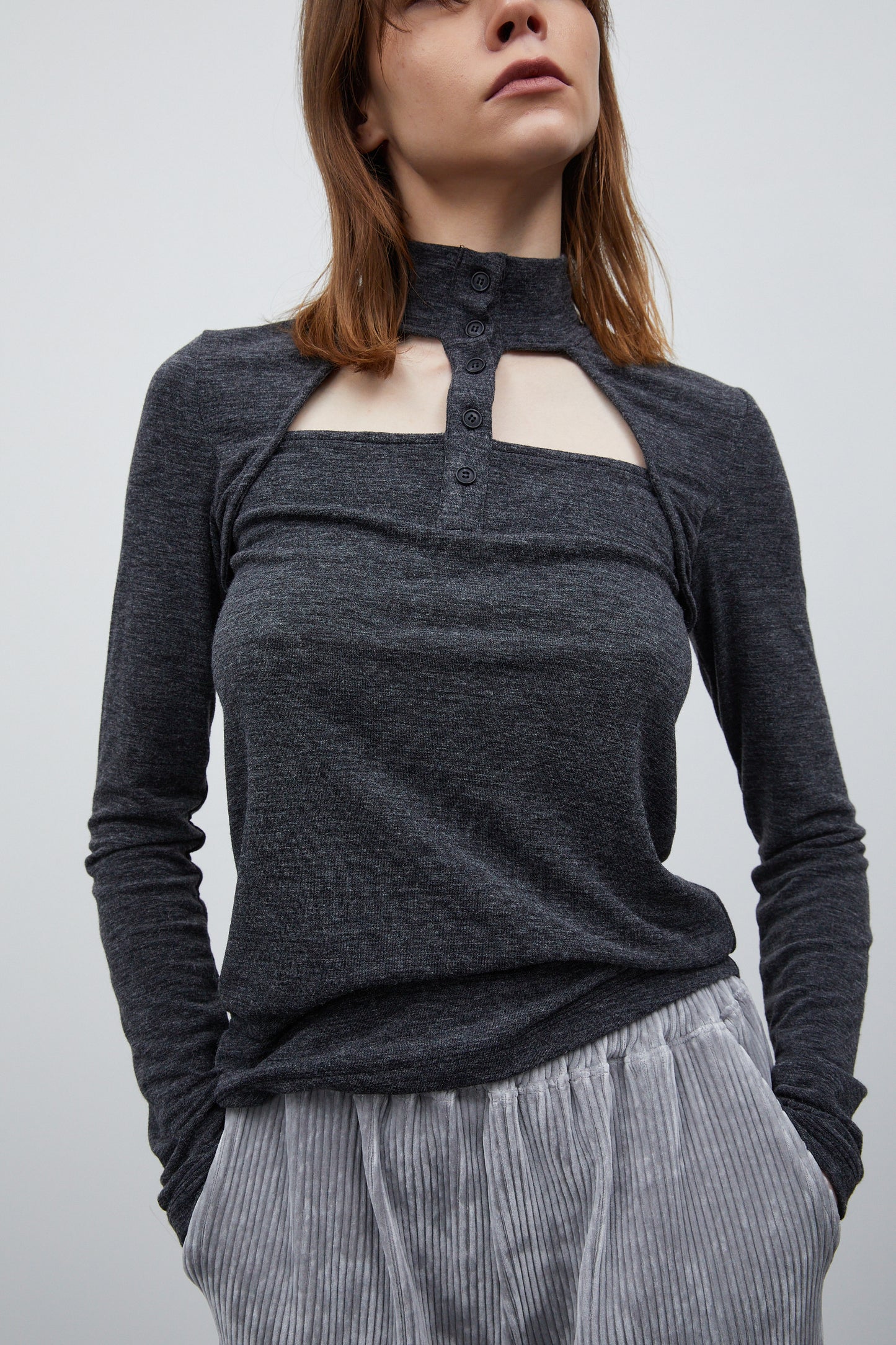 Cut-Out Turtleneck Button Top, Charcoal