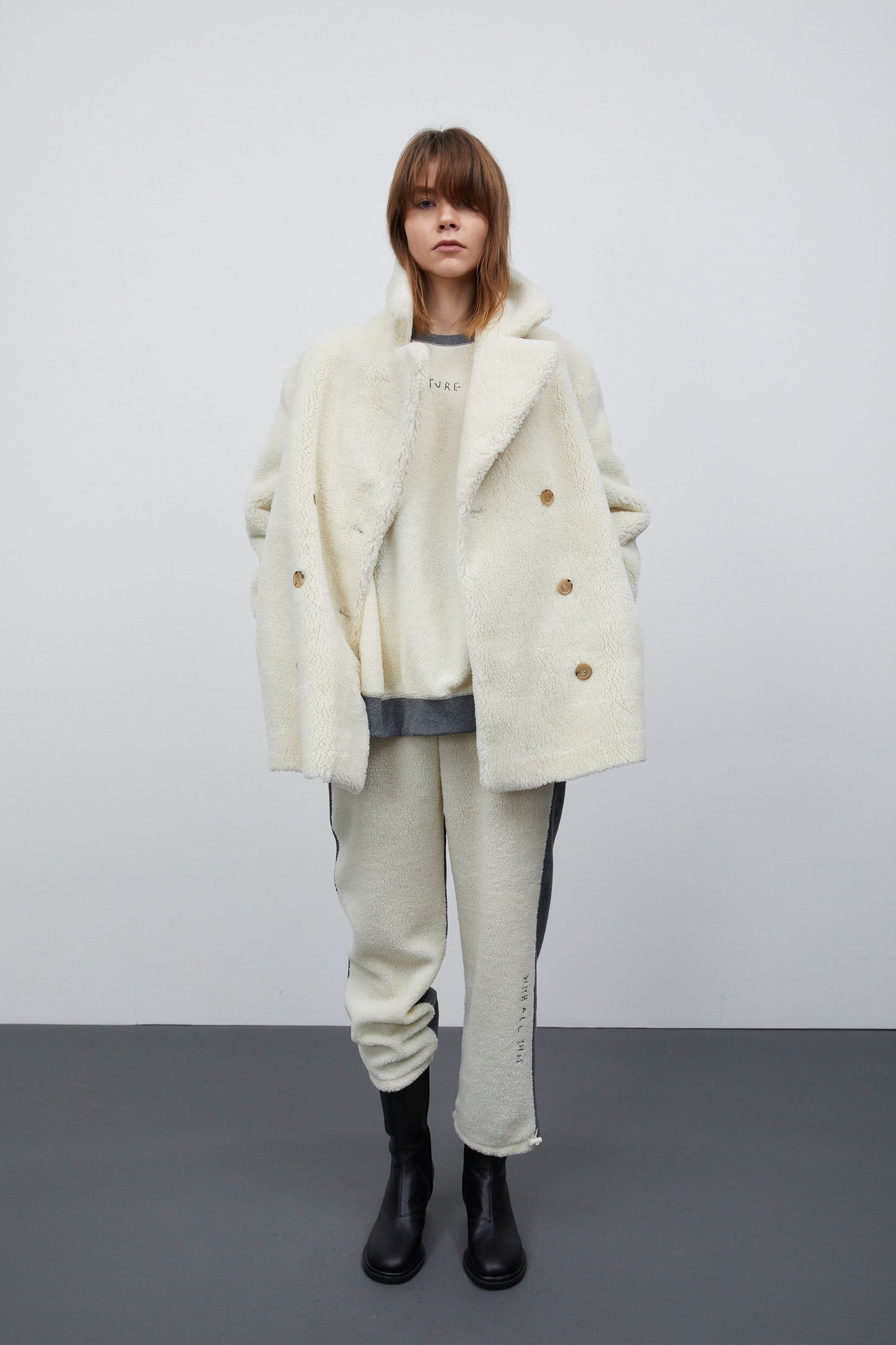 Notch Collar Eco Shearling Peacoat, Ivory