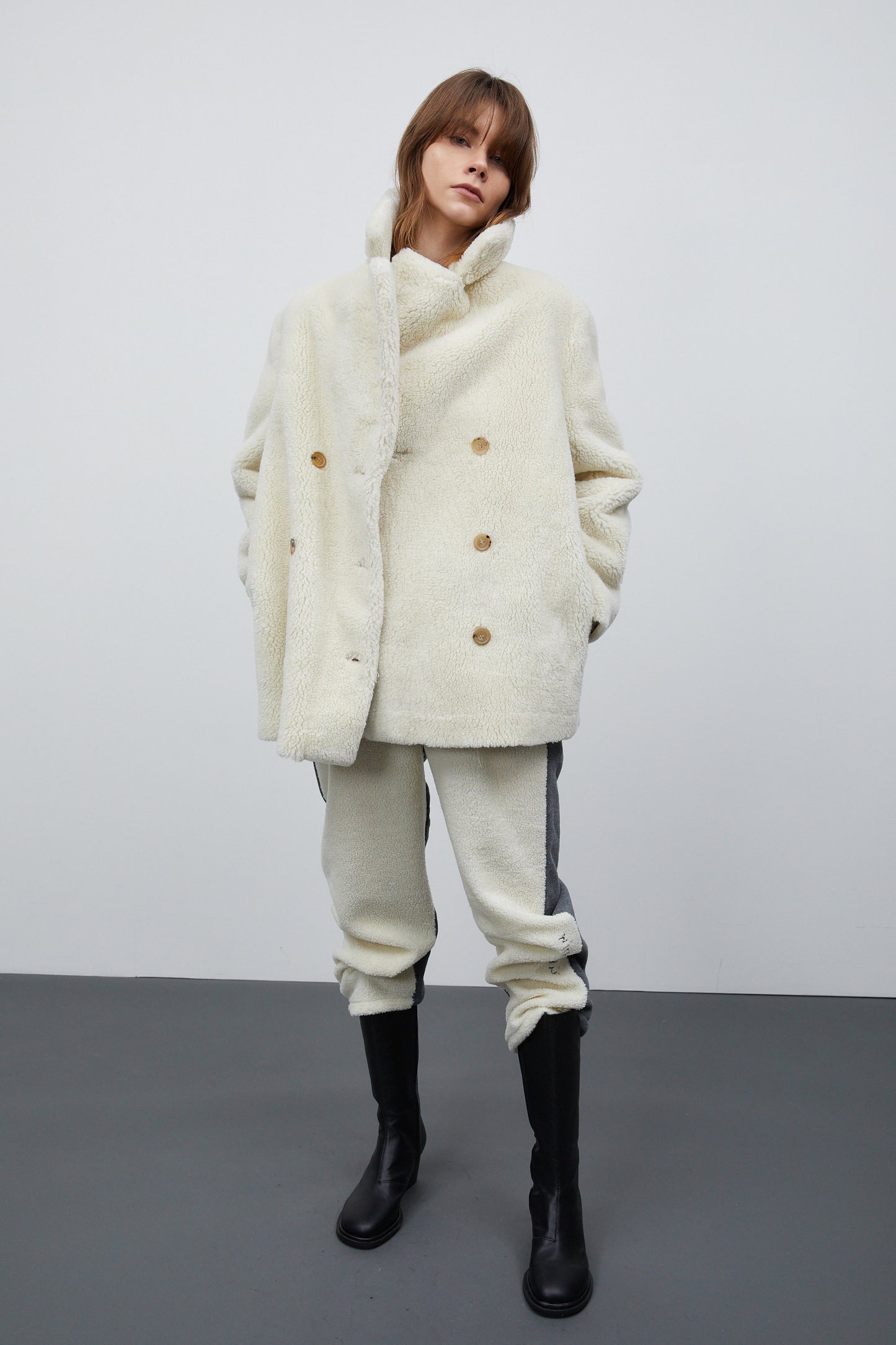 Notch Collar Eco Shearling Peacoat, Ivory