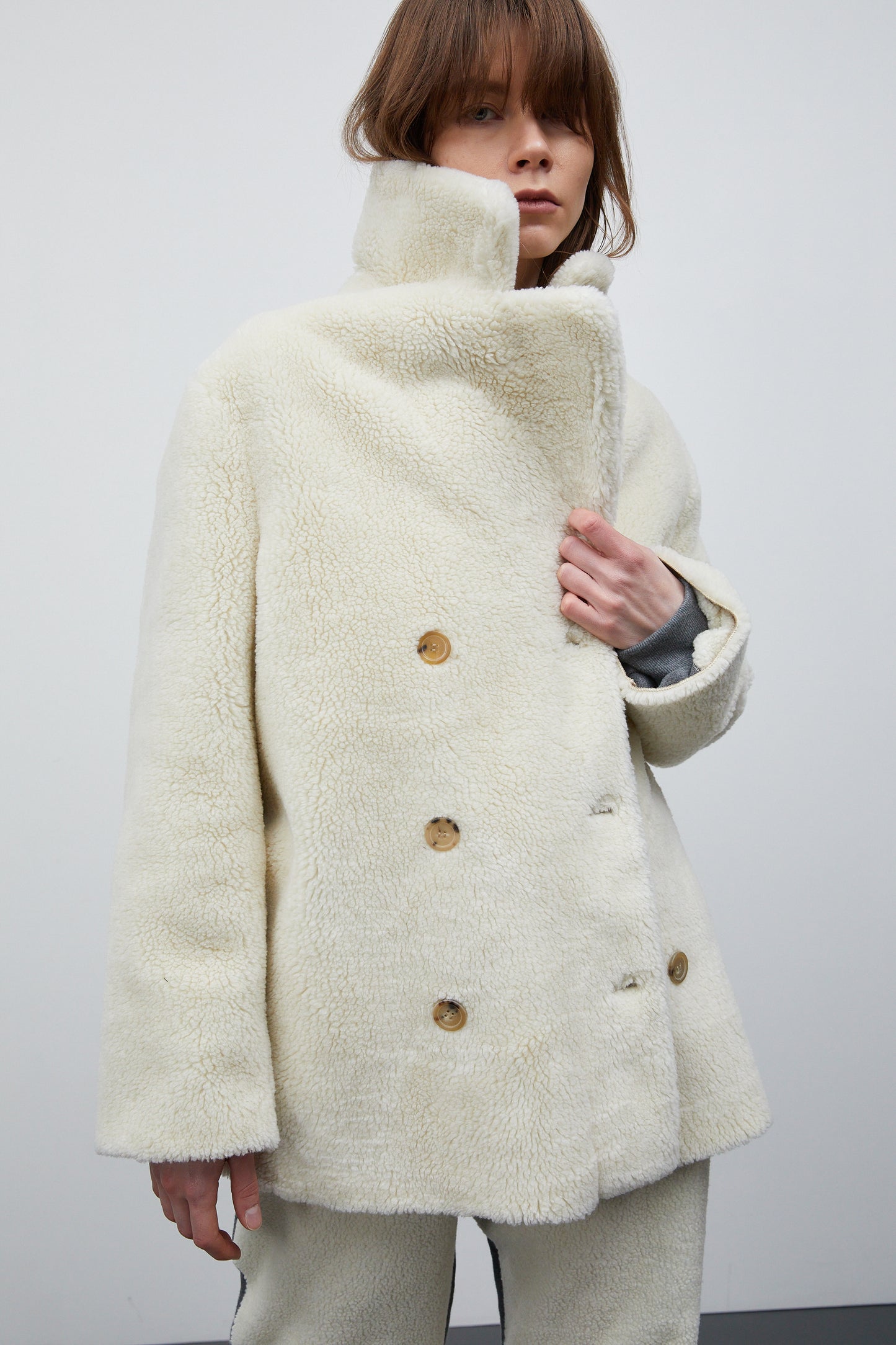 Notch Collar Eco Shearling Peacoat, Ivory