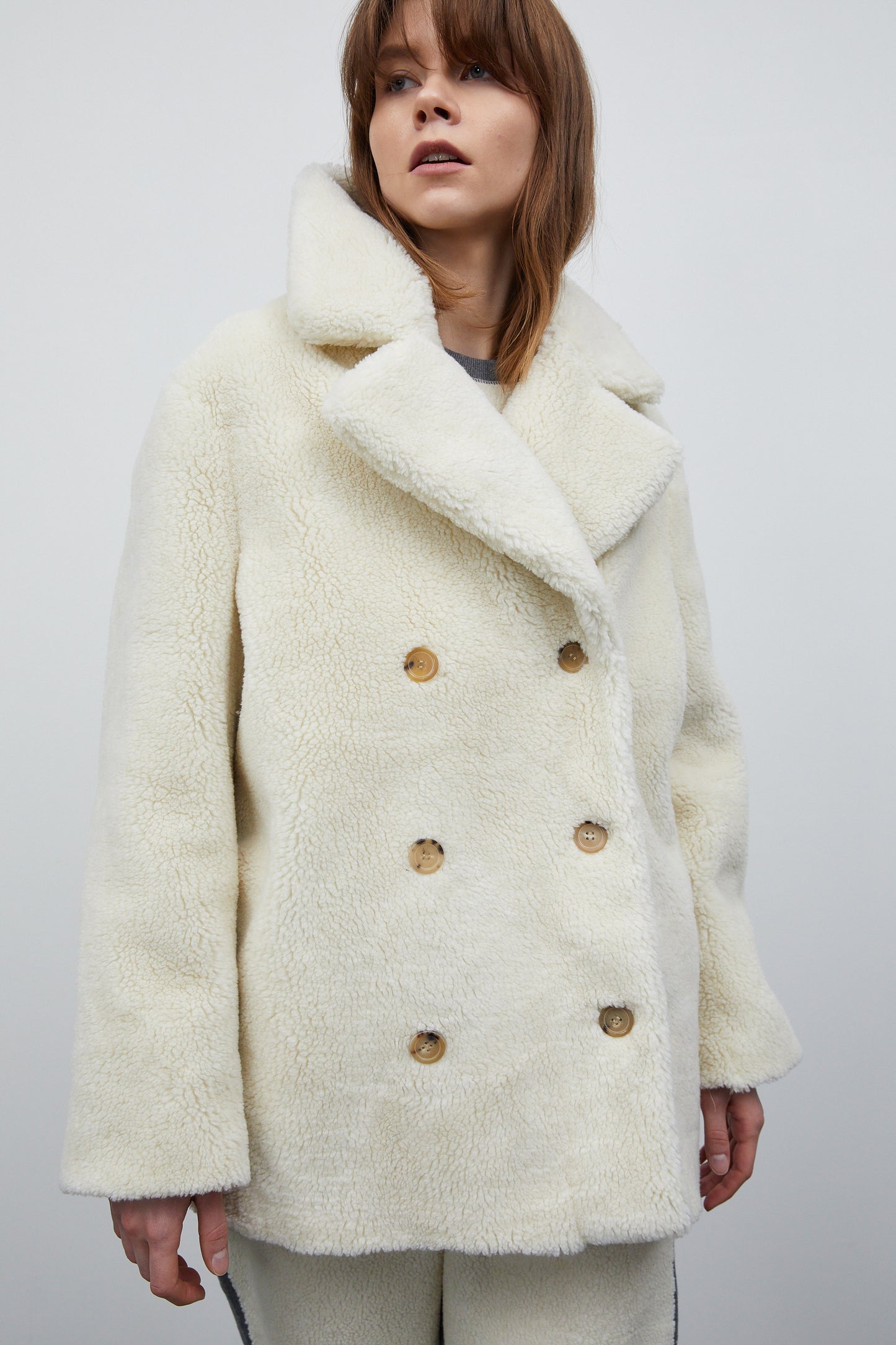 Notch Collar Eco Shearling Peacoat, Ivory