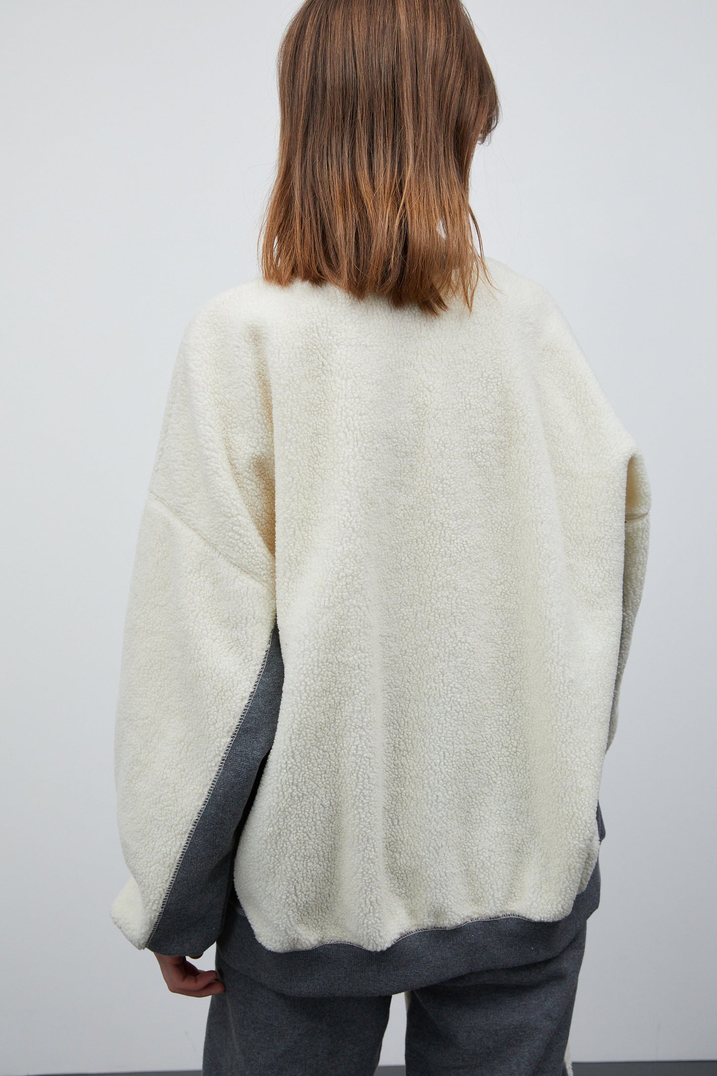 Embroidered Lettering Shearling Sweatshirt, Cream & Grey
