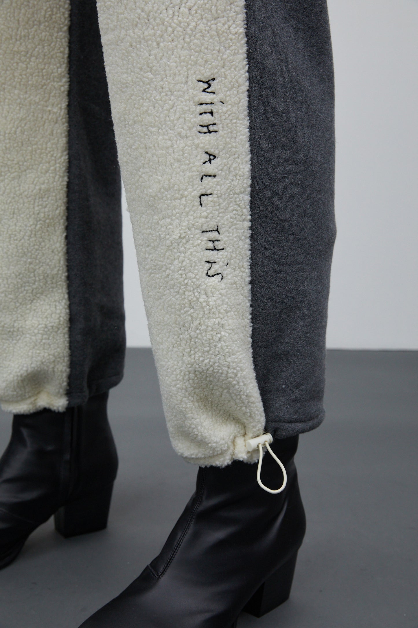 Embroidered Lettering Shearling Sweatpants, Cream & Grey