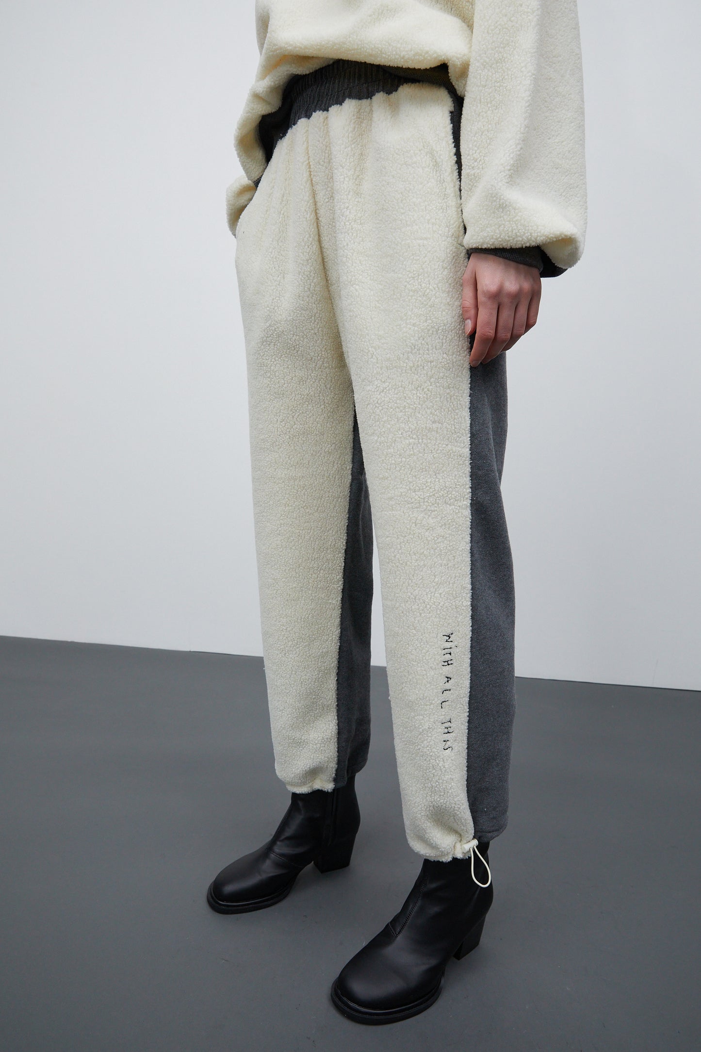 Embroidered Lettering Shearling Sweatpants, Cream & Grey