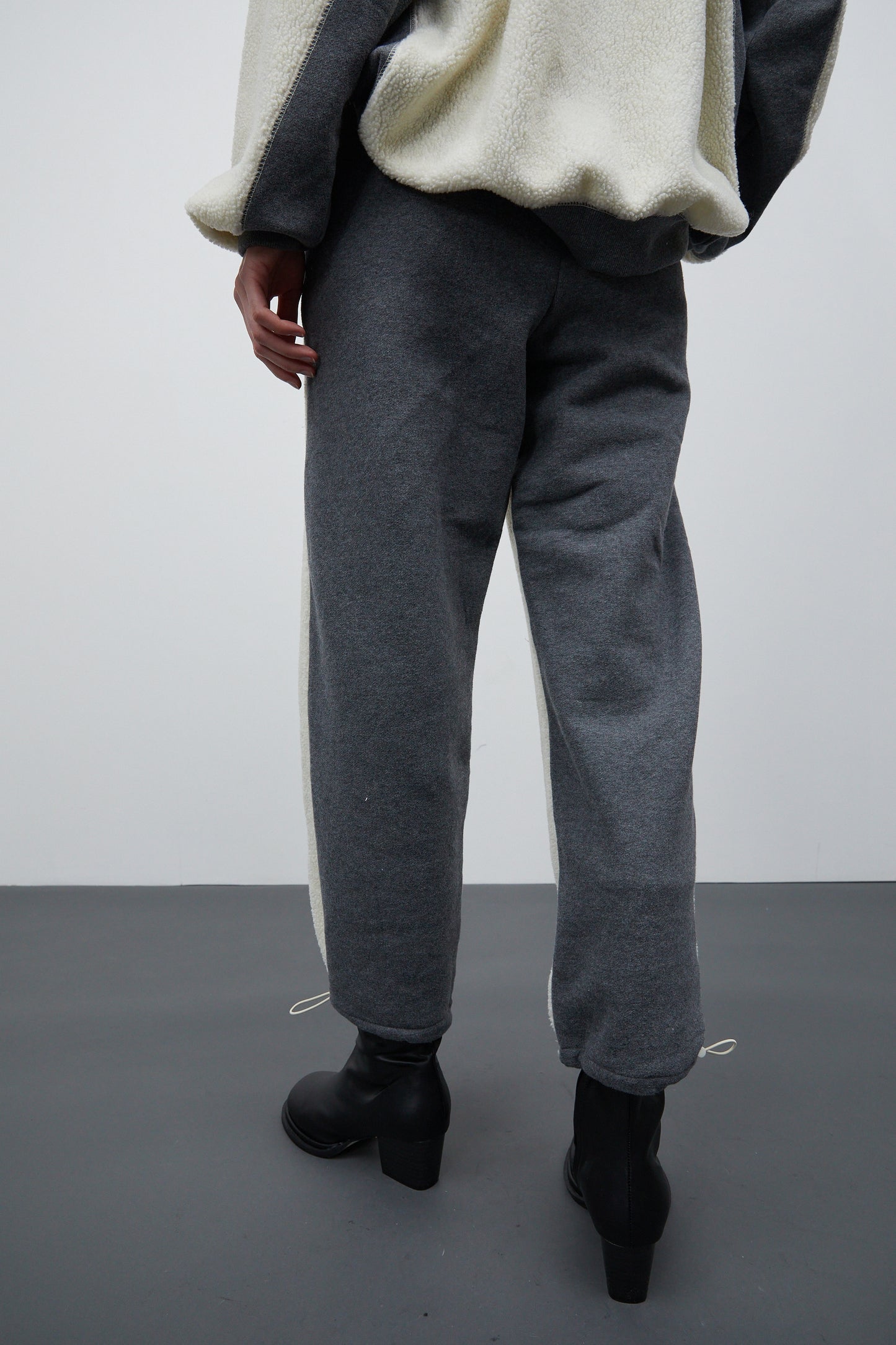 Embroidered Lettering Shearling Sweatpants, Cream & Grey