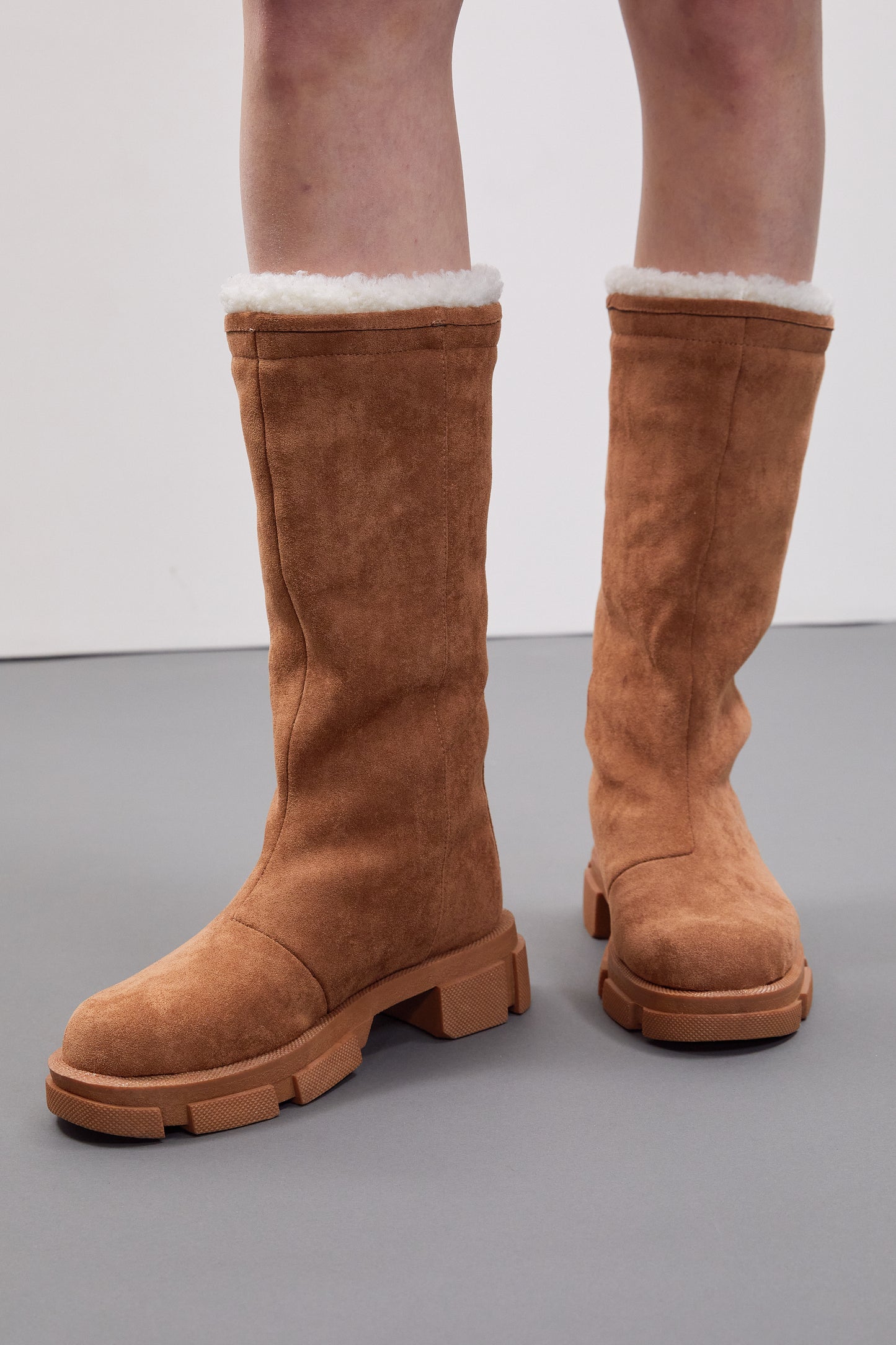 Faux Suede Shearling Platform Boots, Brown