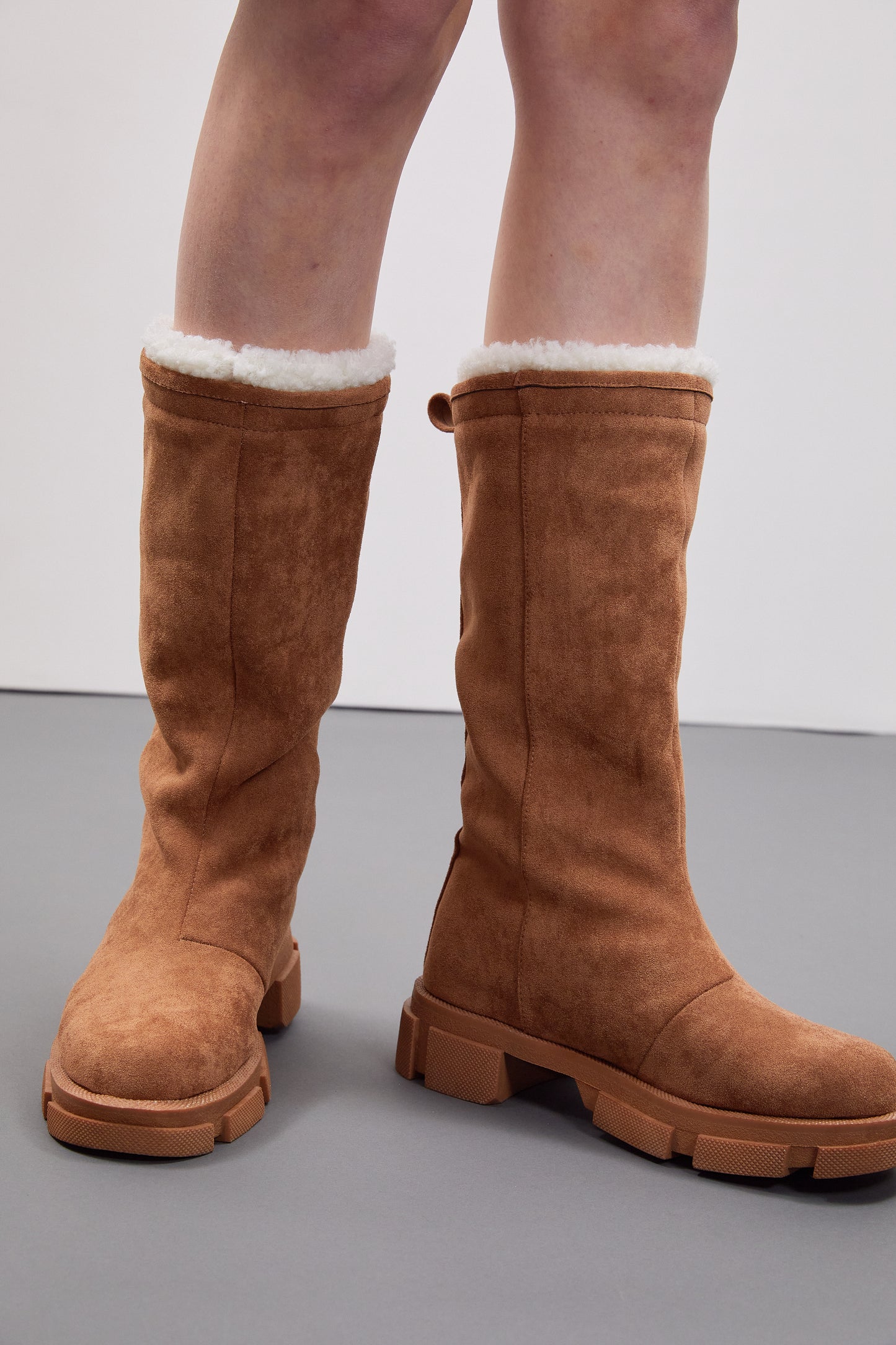 Faux Suede Shearling Platform Boots, Brown