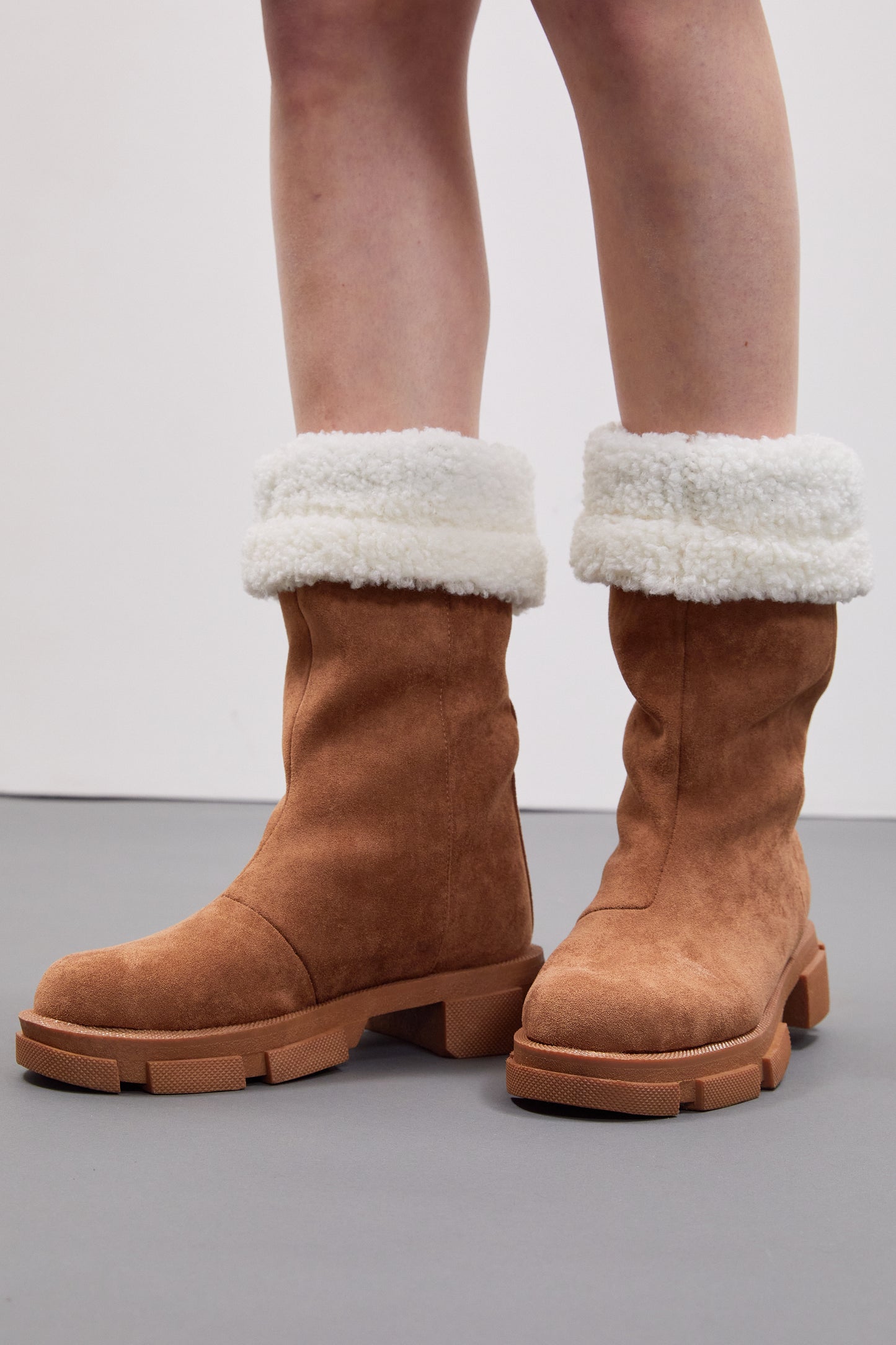 Faux Suede Shearling Platform Boots, Brown