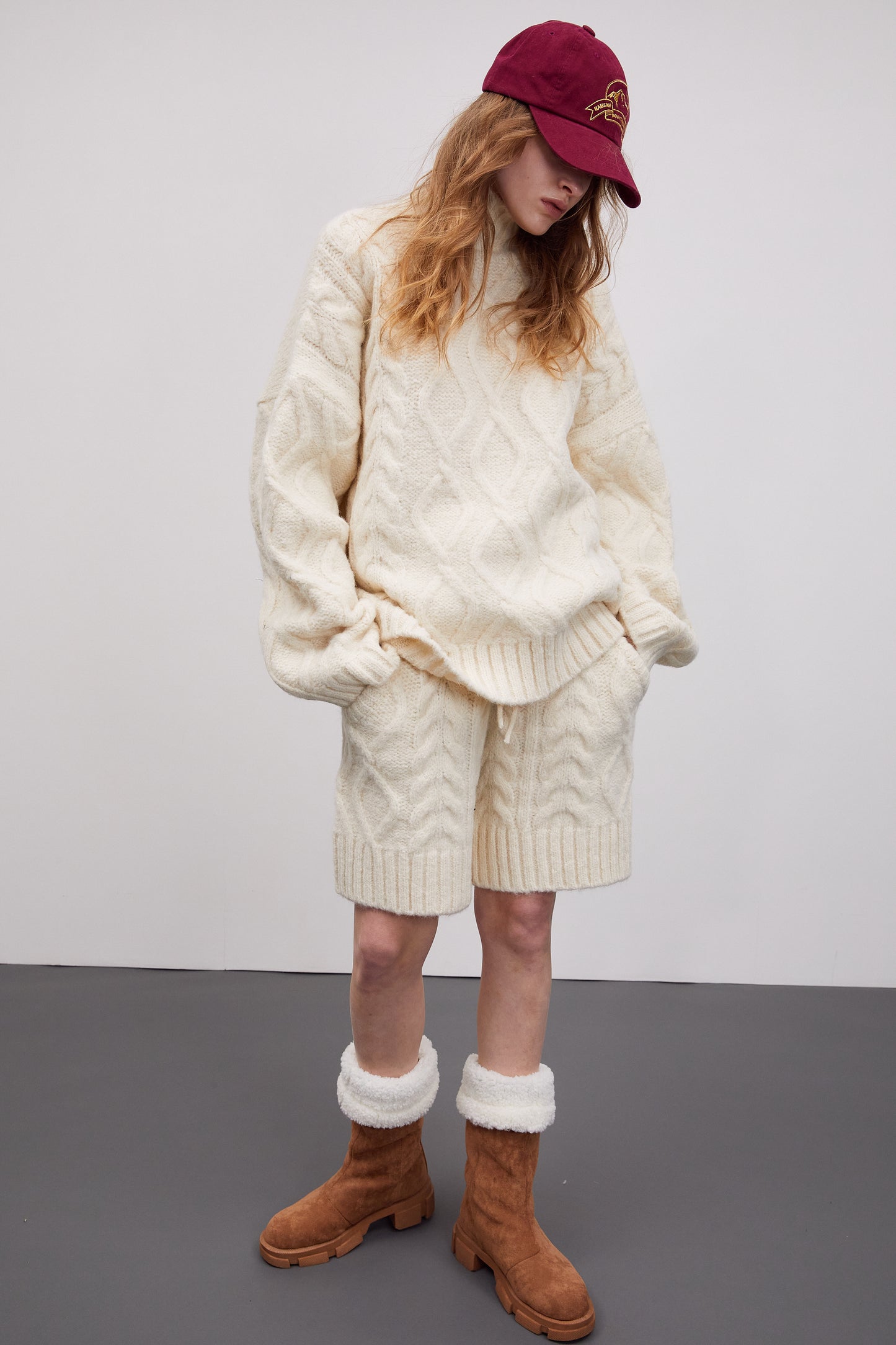 Cable-Knit Turtleneck Sweater And Shorts Set, Eggnog