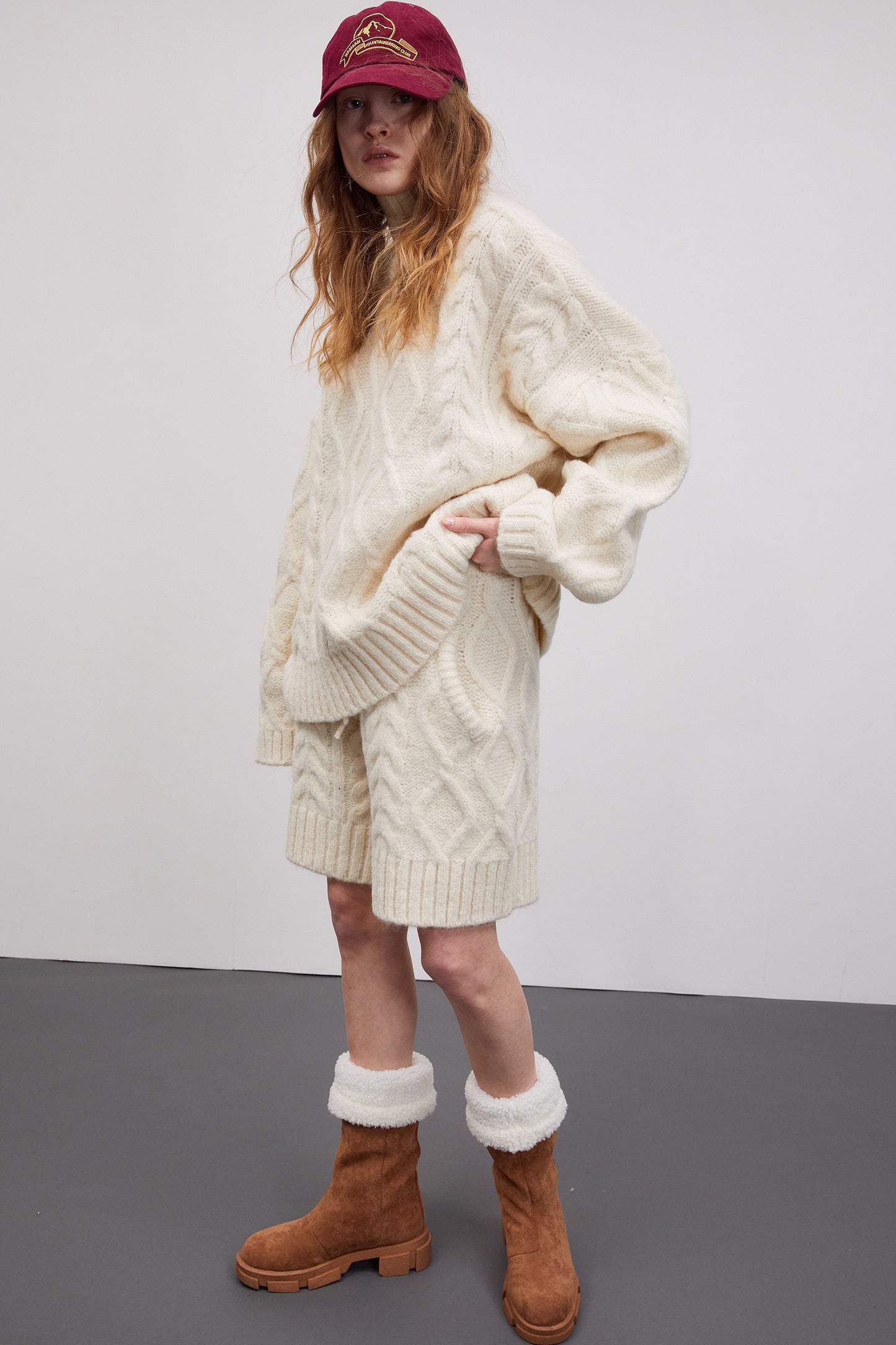 Cable-Knit Turtleneck Sweater And Shorts Set, Eggnog