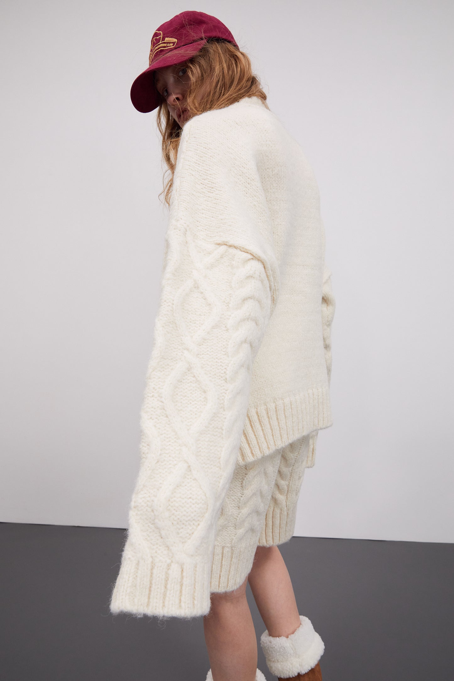 Cable-Knit Turtleneck Sweater And Shorts Set, Eggnog