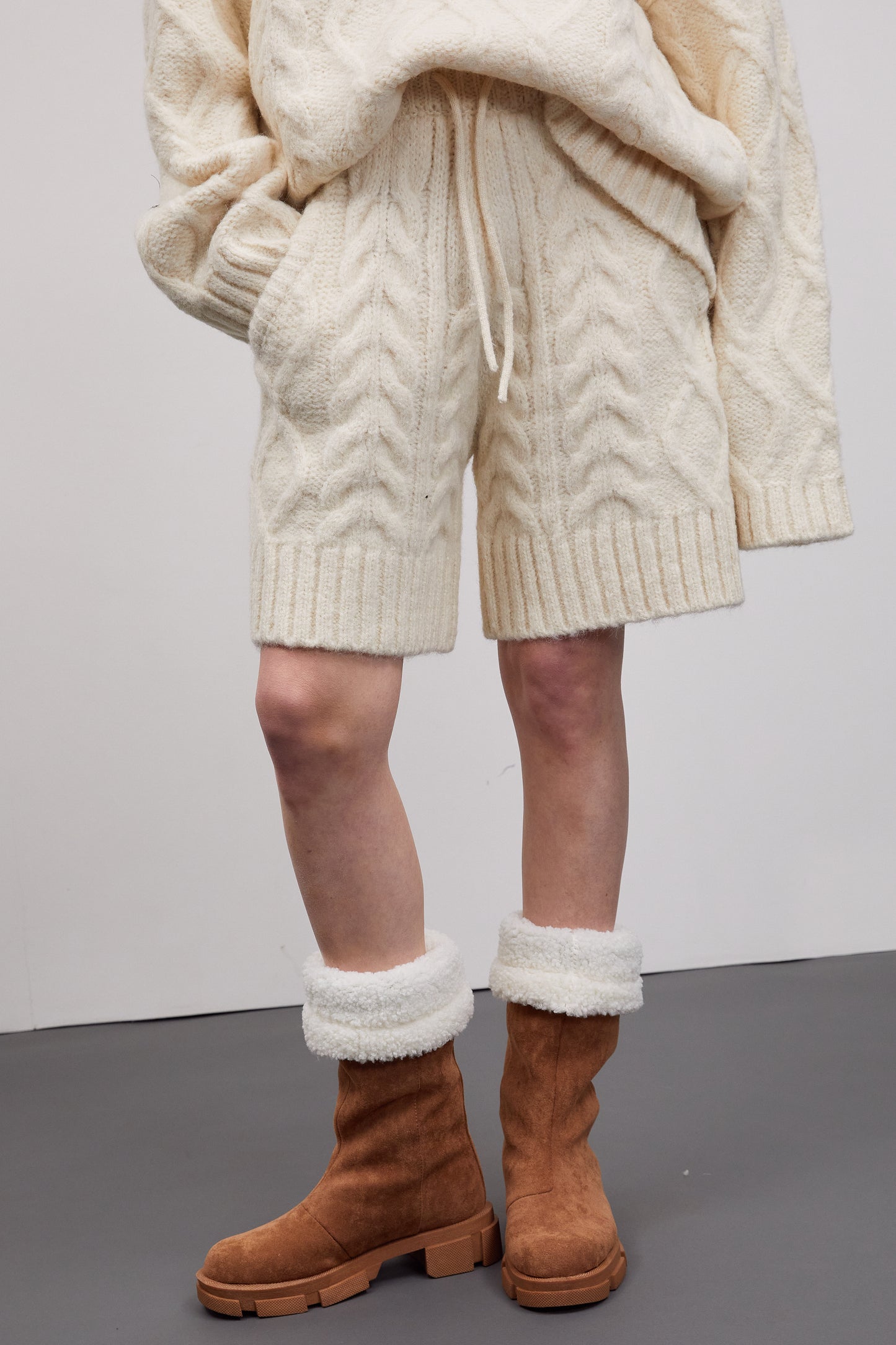 Cable-Knit Turtleneck Sweater And Shorts Set, Eggnog