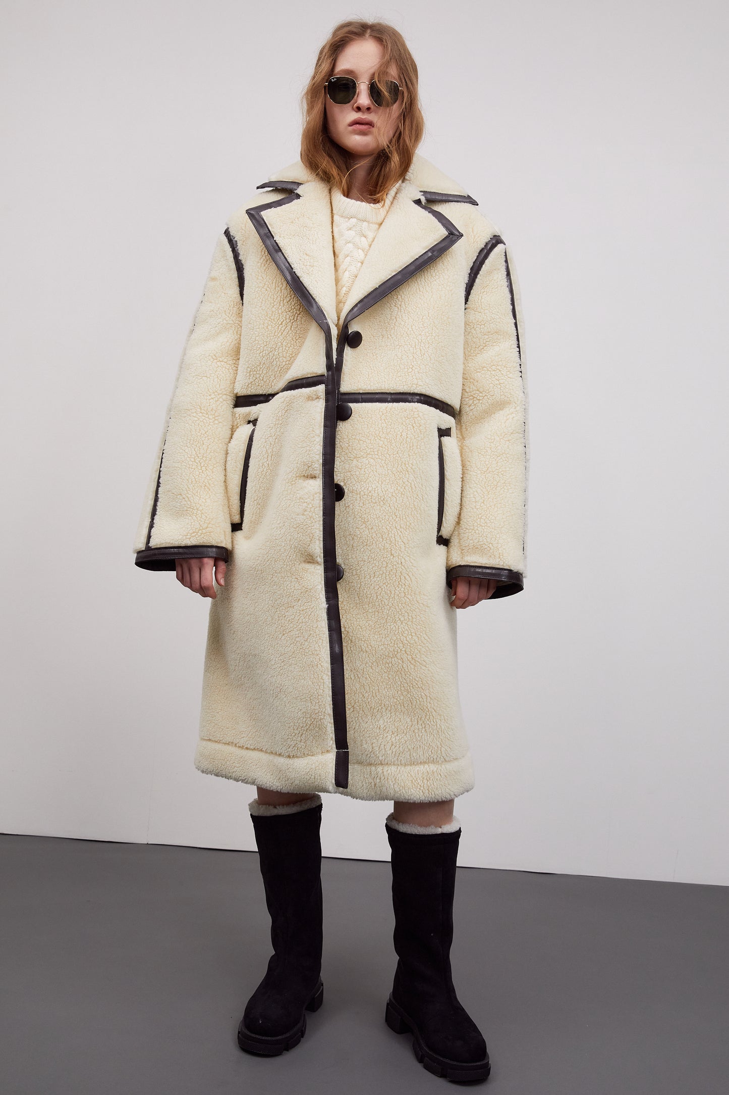 Leather-Trimmed Shearling Coat, Ivory