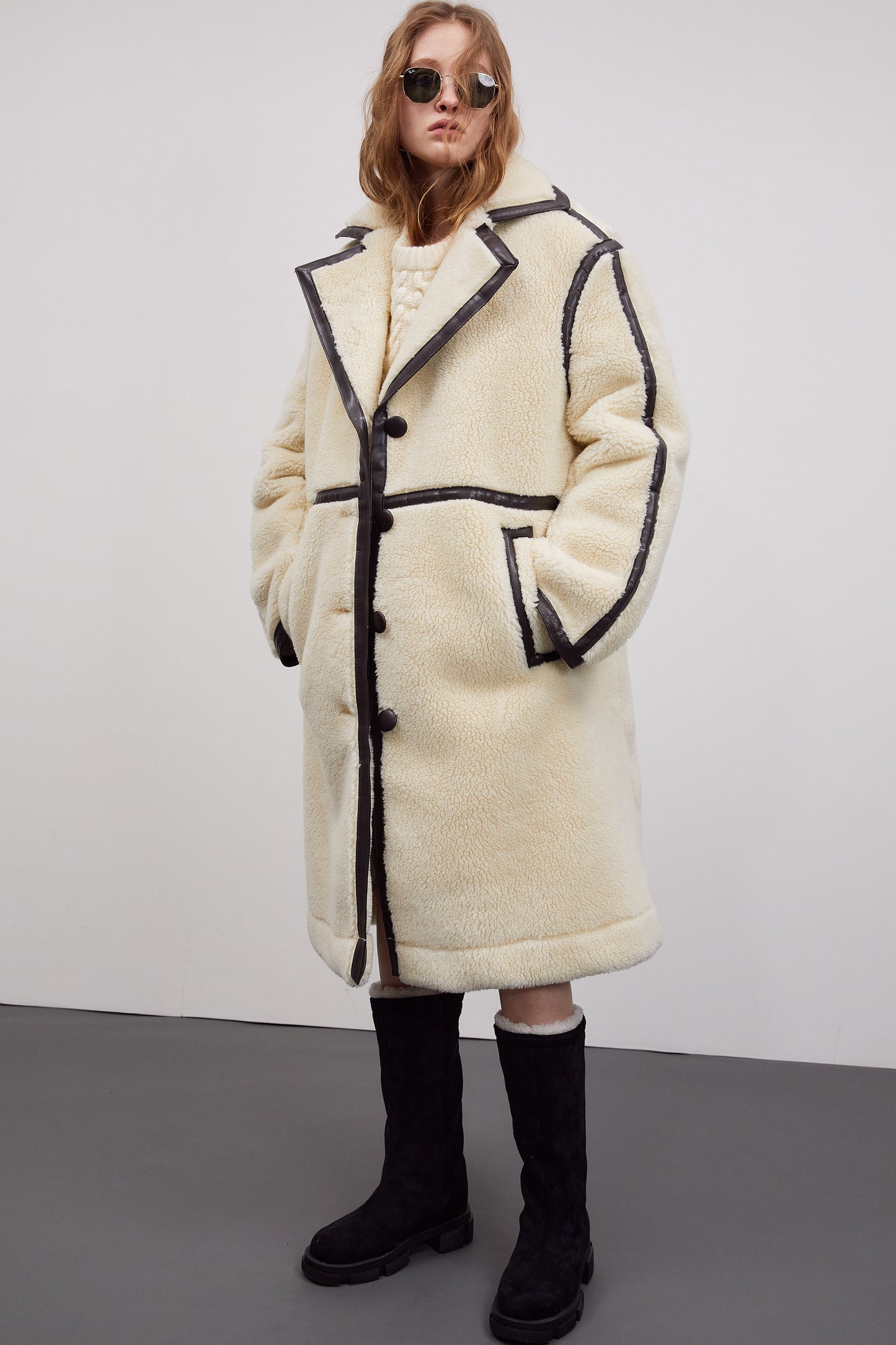 Leather-Trimmed Shearling Coat, Ivory