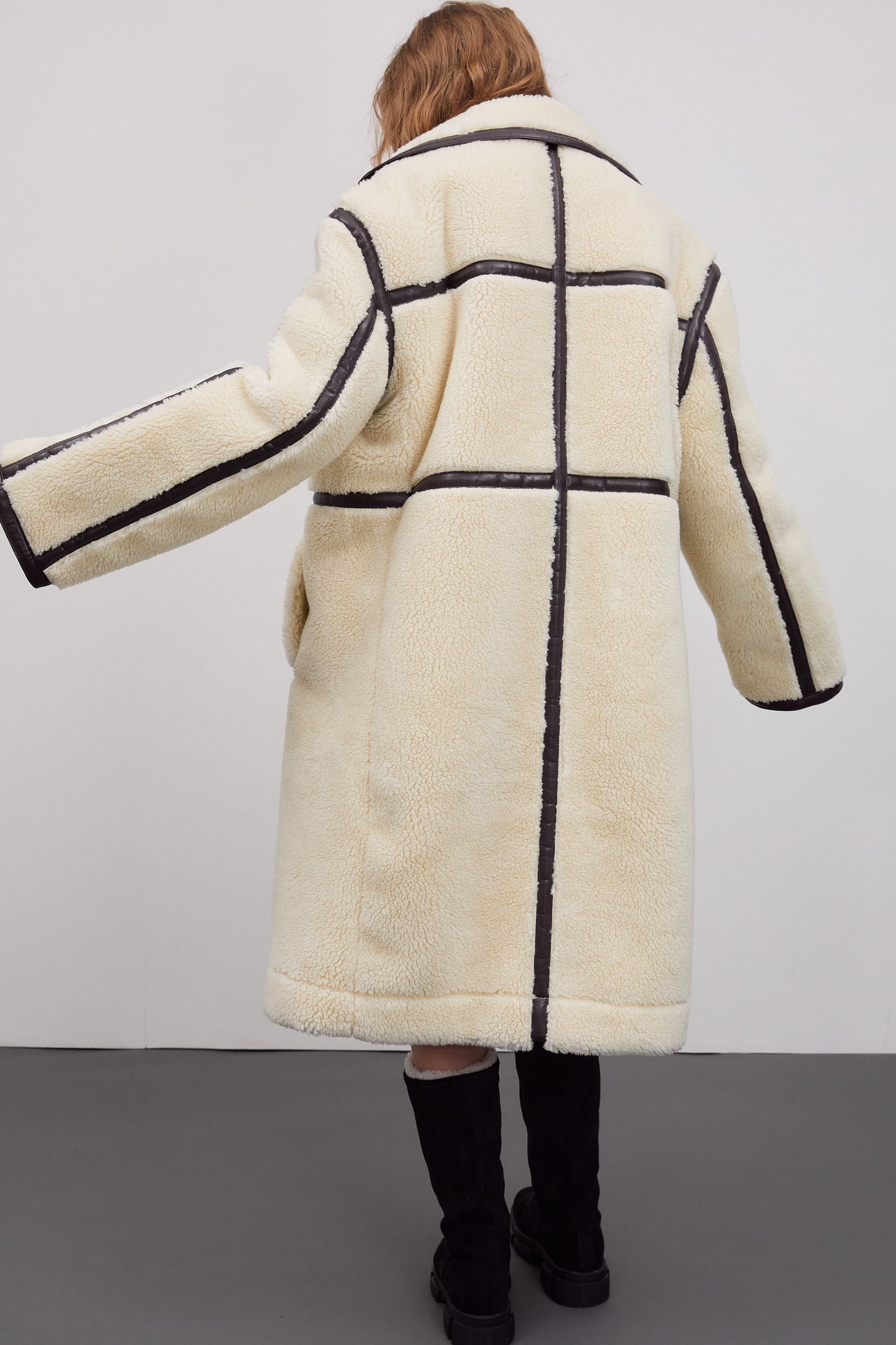 Leather-Trimmed Shearling Coat, Ivory