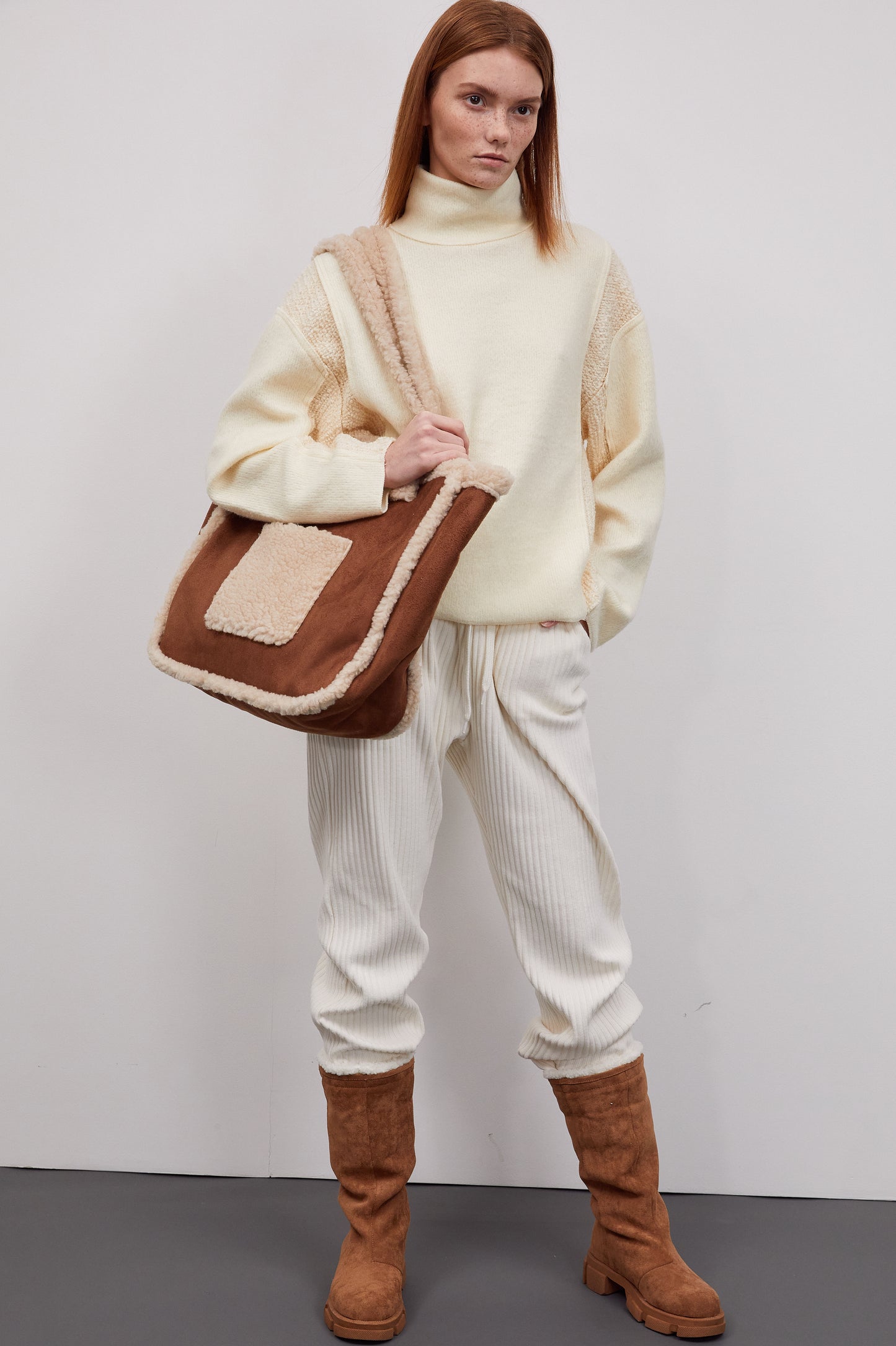Boucle Mixed Turtleneck Sweater, Ecru