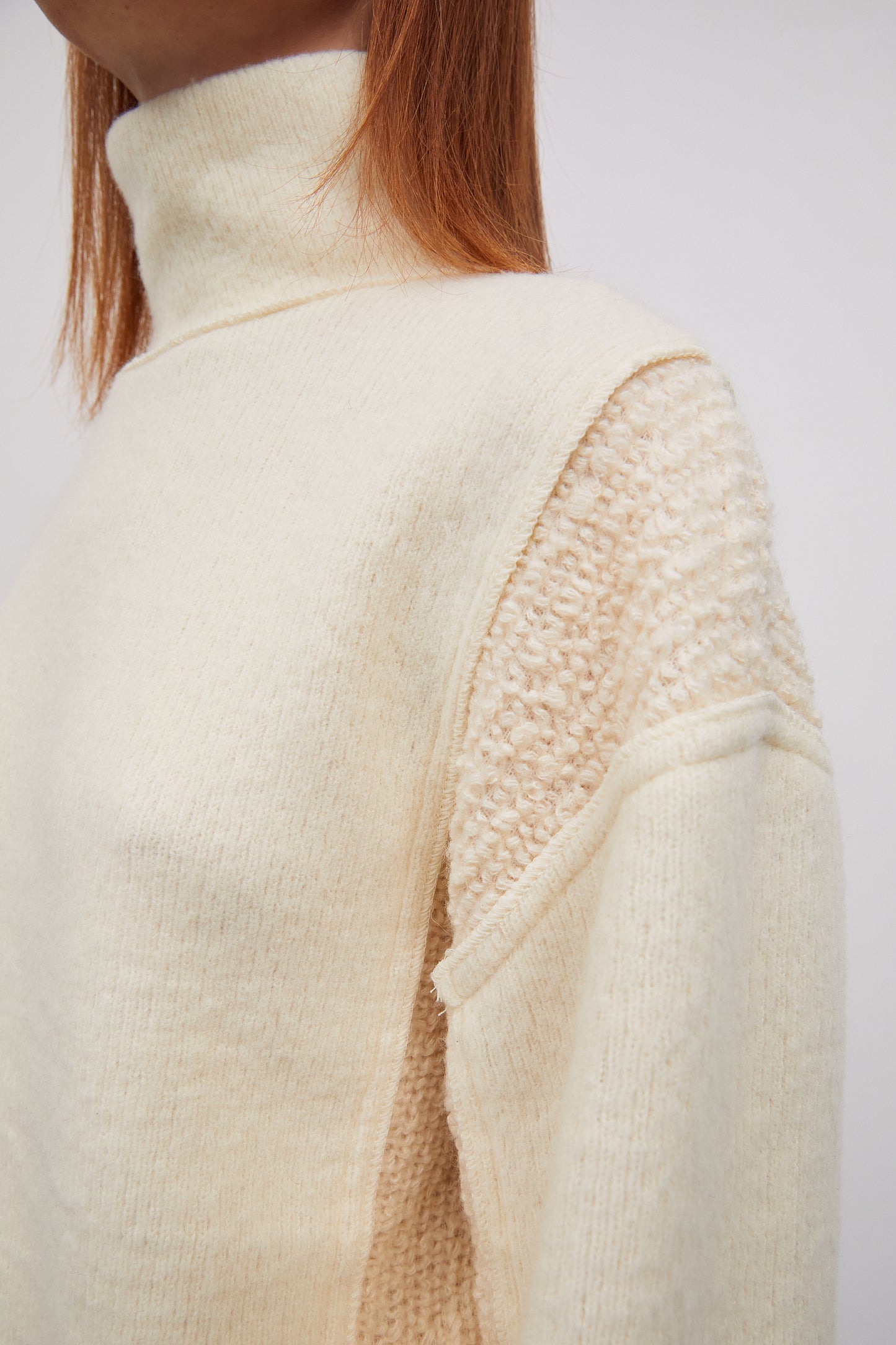Boucle Mixed Turtleneck Sweater, Ecru