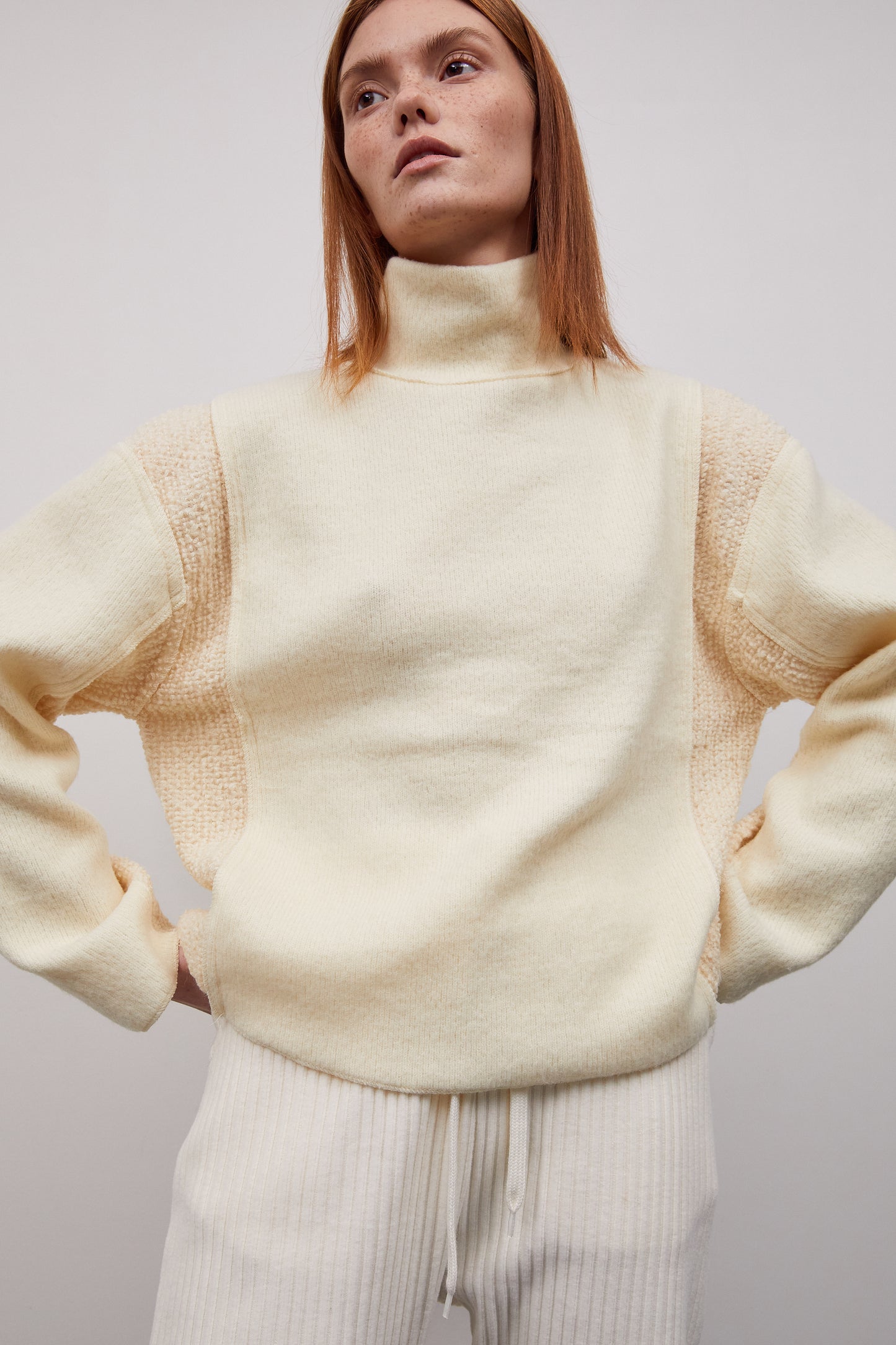 Boucle Mixed Turtleneck Sweater, Ecru