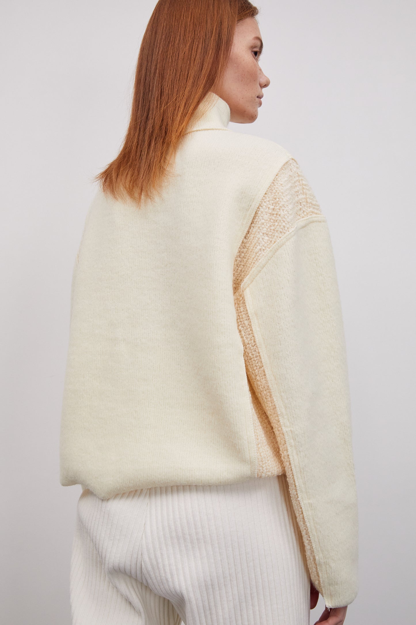 Boucle Mixed Turtleneck Sweater, Ecru